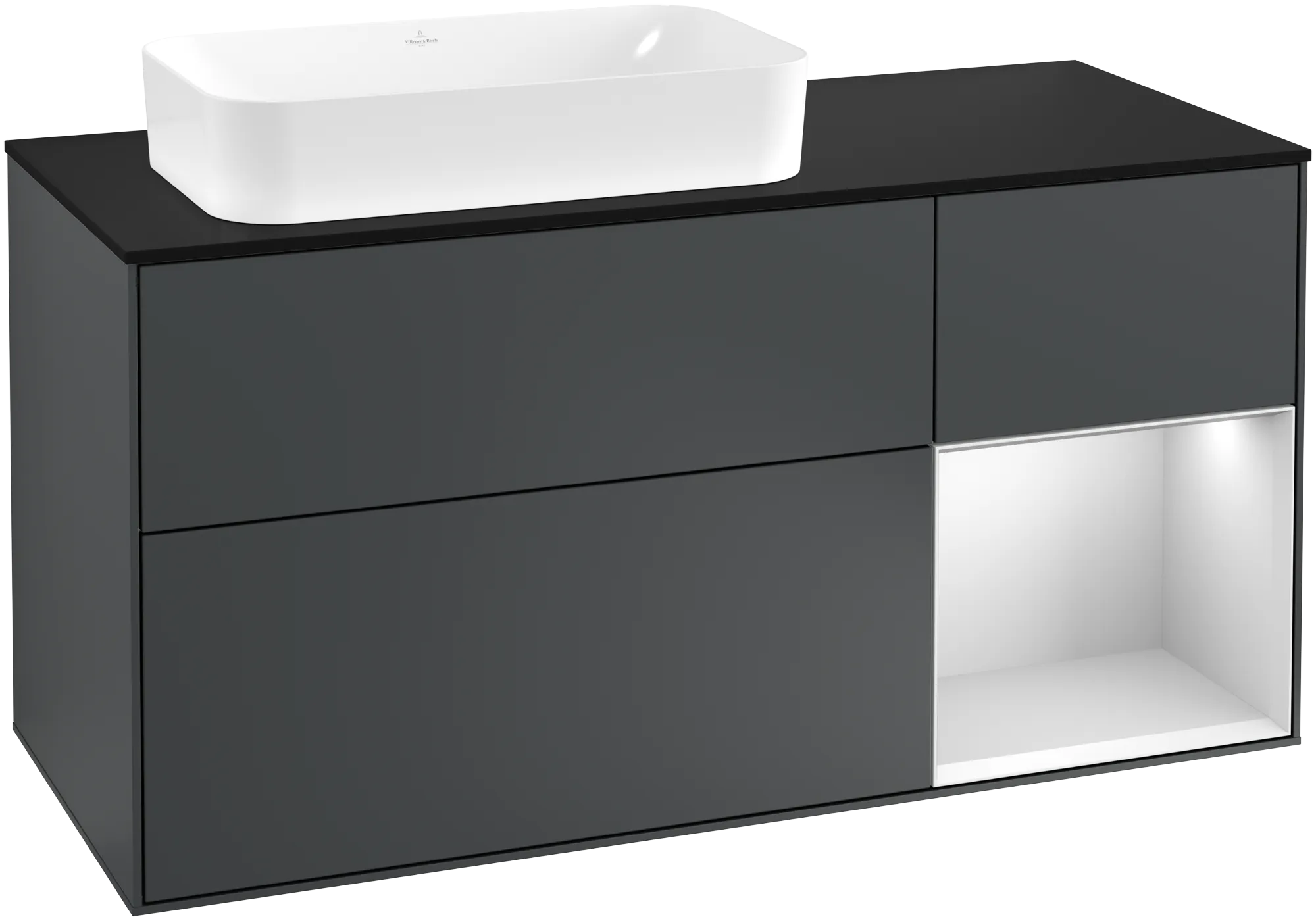 Picture of VILLEROY BOCH Finion Vanity unit, with lighting, 3 pull-out compartments, 1200 x 603 x 501 mm, Midnight Blue Matt Lacquer / White Matt Lacquer / Glass Black Matt #G282MTHG