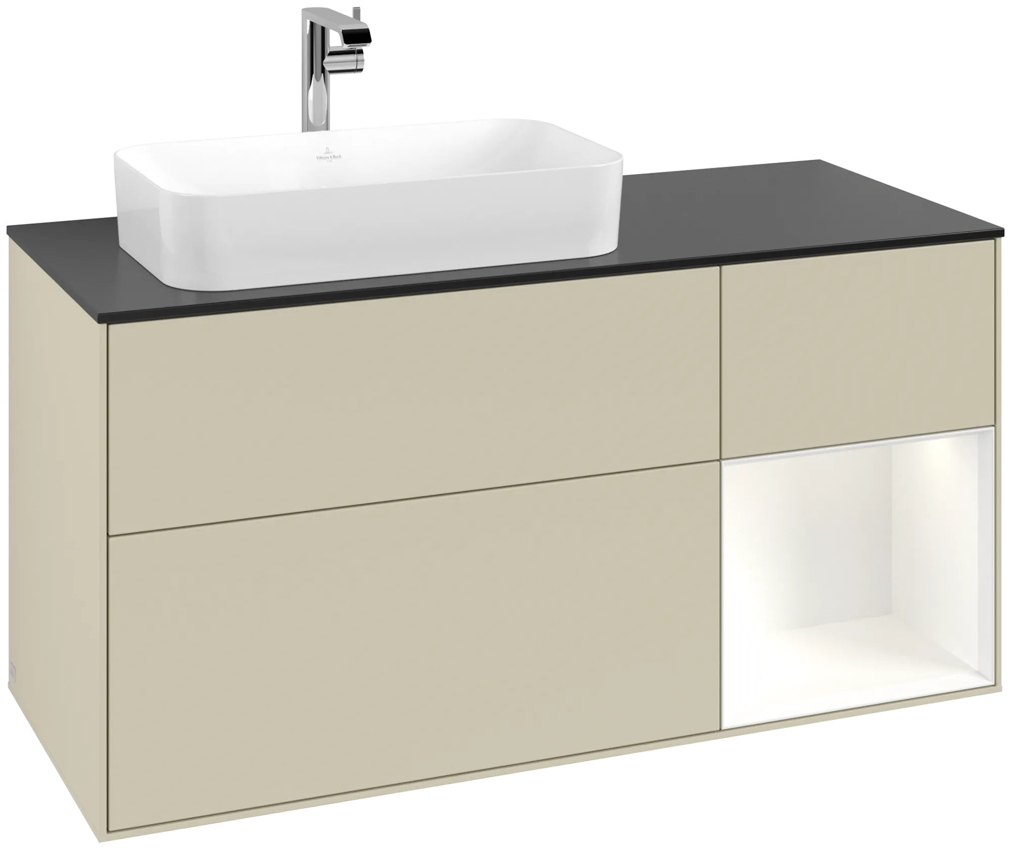 Bild von VILLEROY BOCH Finion Waschbeckenunterschrank, mit Beleuchtung, 3 Auszüge, 1200 x 603 x 501 mm, Silk Grey Matt Lacquer / White Matt Lacquer / Glass Black Matt #G282MTHJ