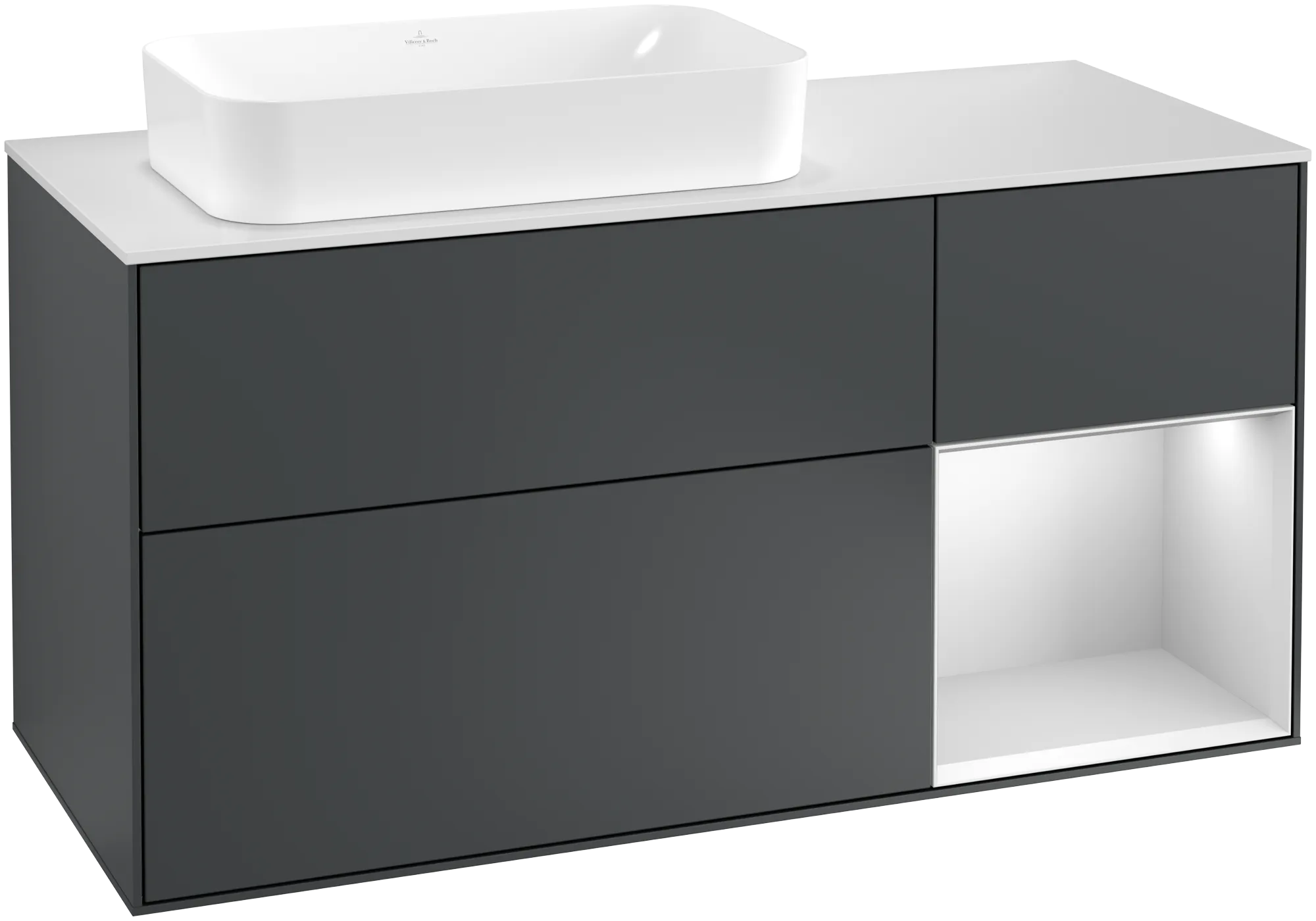 Bild von VILLEROY BOCH Finion Waschbeckenunterschrank, mit Beleuchtung, 3 Auszüge, 1200 x 603 x 501 mm, Midnight Blue Matt Lacquer / White Matt Lacquer / Glass White Matt #G281MTHG