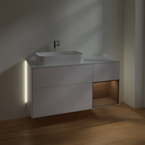 Bild von VILLEROY BOCH Finion Waschbeckenunterschrank, mit Beleuchtung, 3 Auszüge, 1200 x 603 x 501 mm, White Matt Lacquer / Walnut Veneer / Glass White Matt #G281GNMT