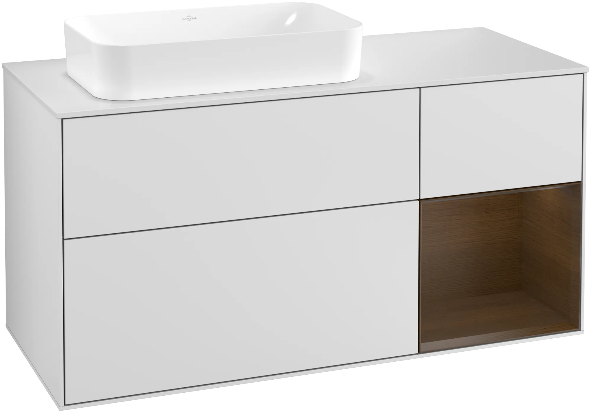Bild von VILLEROY BOCH Finion Waschbeckenunterschrank, mit Beleuchtung, 3 Auszüge, 1200 x 603 x 501 mm, White Matt Lacquer / Walnut Veneer / Glass White Matt #G281GNMT
