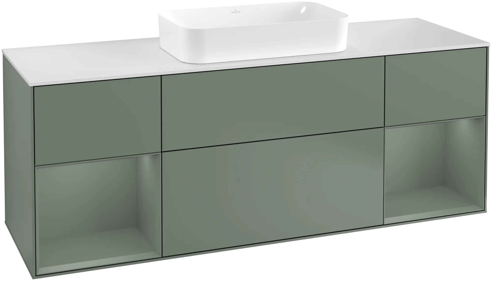 Obrázek VILLEROY BOCH Finion Vanity unit, with lighting, 4 pull-out compartments, 1600 x 603 x 501 mm, Olive Matt Lacquer / Olive Matt Lacquer / Glass White Matt #G331GMGM