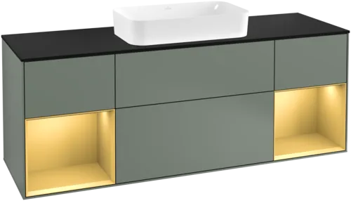 Bild von VILLEROY BOCH Finion Waschbeckenunterschrank, mit Beleuchtung, 4 Auszüge, 1600 x 603 x 501 mm, Olive Matt Lacquer / Gold Matt Lacquer / Glass Black Matt #G332HFGM
