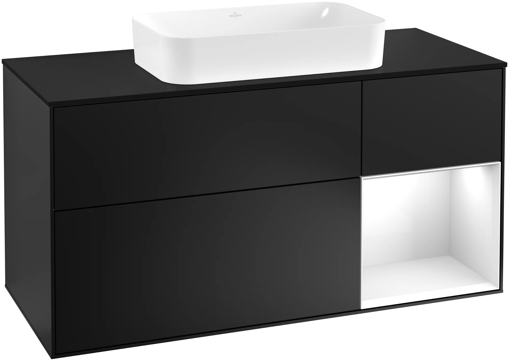 Bild von VILLEROY BOCH Finion Waschbeckenunterschrank, mit Beleuchtung, 3 Auszüge, 1200 x 603 x 501 mm, Black Matt Lacquer / Glossy White Lacquer / Glass Black Matt #G302GFPD