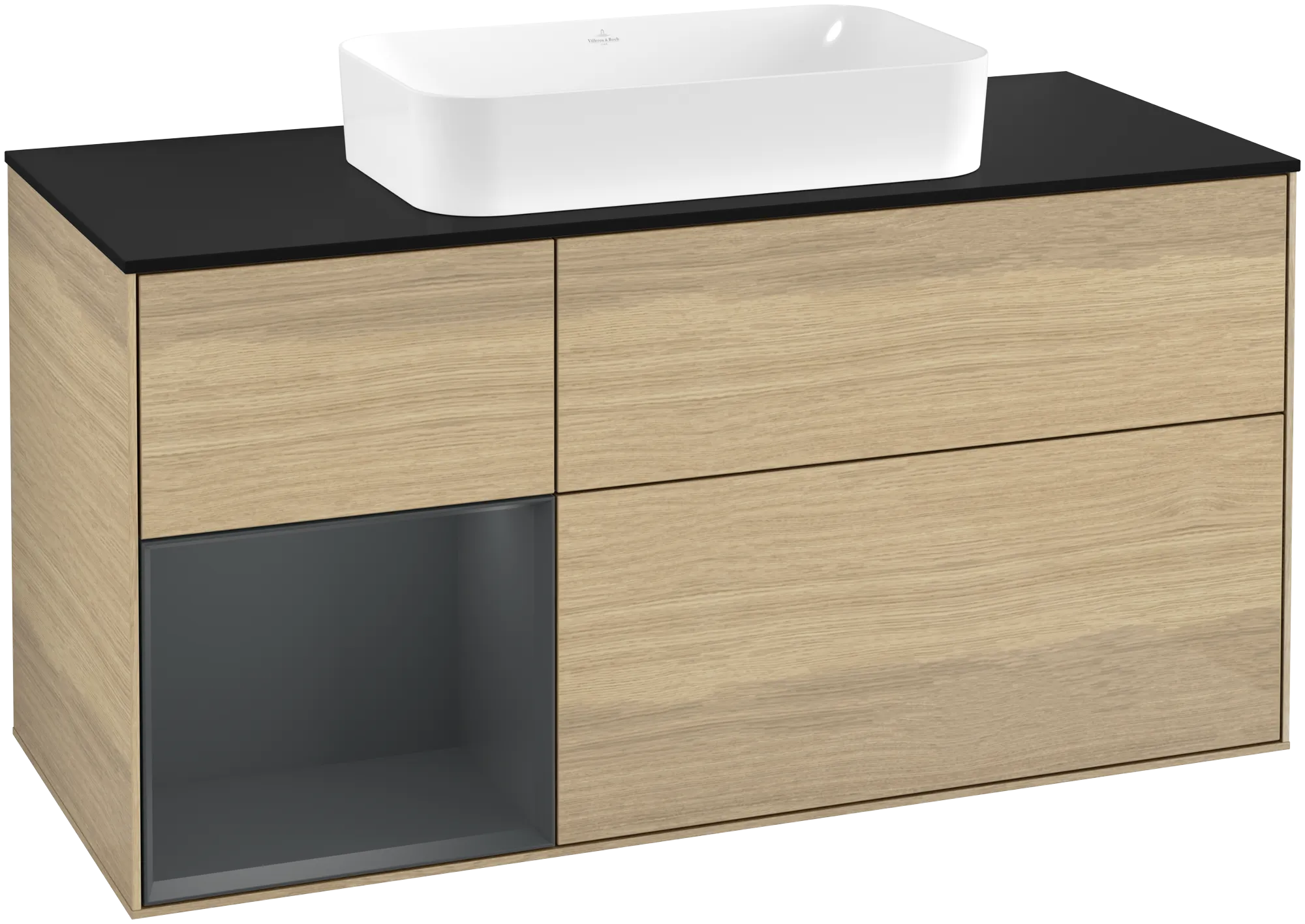 Bild von VILLEROY BOCH Finion Waschbeckenunterschrank, mit Beleuchtung, 3 Auszüge, 1200 x 603 x 501 mm, Oak Veneer / Midnight Blue Matt Lacquer / Glass Black Matt #G292HGPC
