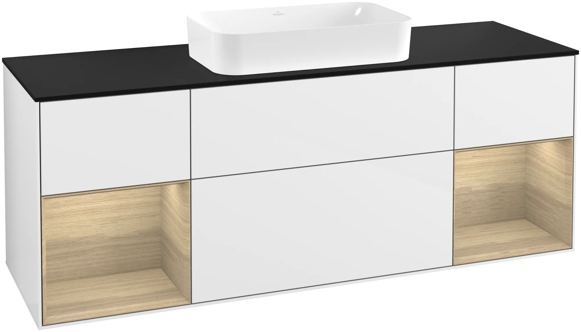 Bild von VILLEROY BOCH Finion Waschbeckenunterschrank, mit Beleuchtung, 4 Auszüge, 1600 x 603 x 501 mm, Glossy White Lacquer / Oak Veneer / Glass Black Matt #G332PCGF