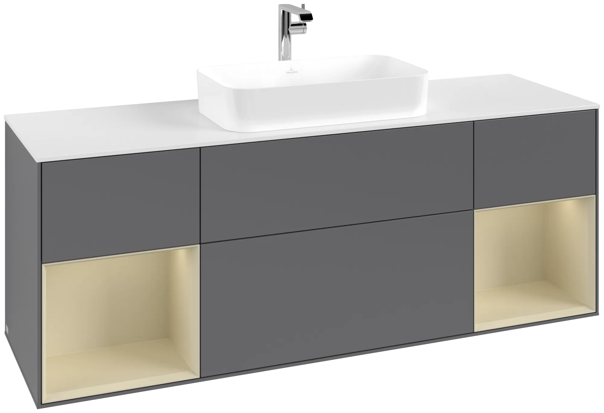 Bild von VILLEROY BOCH Finion Waschbeckenunterschrank, mit Beleuchtung, 4 Auszüge, 1600 x 603 x 501 mm, Anthracite Matt Lacquer / Silk Grey Matt Lacquer / Glass White Matt #G331HJGK