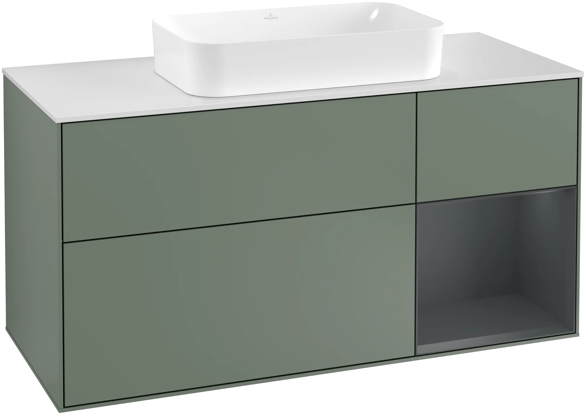 Bild von VILLEROY BOCH Finion Waschbeckenunterschrank, mit Beleuchtung, 3 Auszüge, 1200 x 603 x 501 mm, Olive Matt Lacquer / Midnight Blue Matt Lacquer / Glass White Matt #G301HGGM