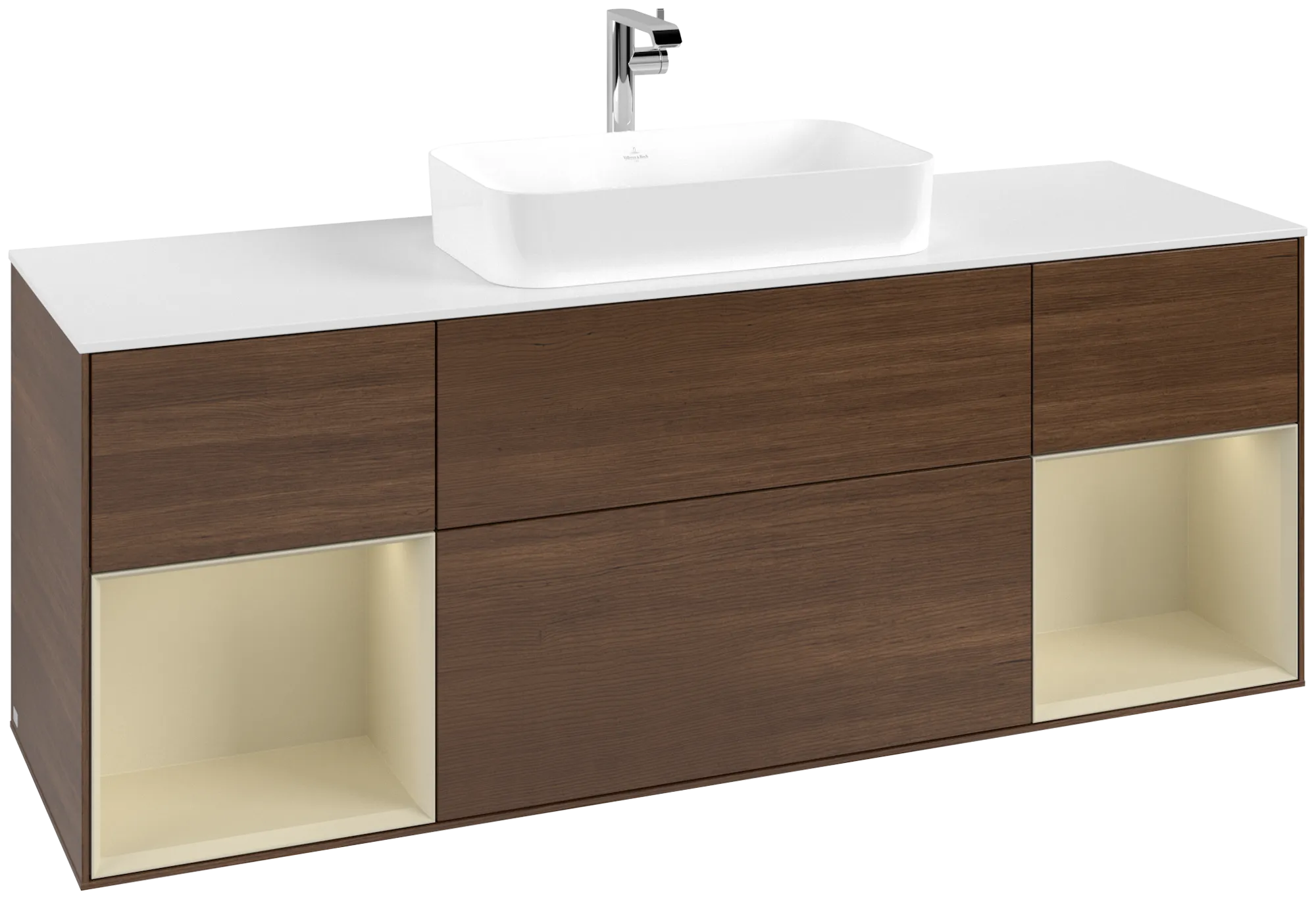 Bild von VILLEROY BOCH Finion Waschbeckenunterschrank, mit Beleuchtung, 4 Auszüge, 1600 x 603 x 501 mm, Walnut Veneer / Silk Grey Matt Lacquer / Glass White Matt #G331HJGN