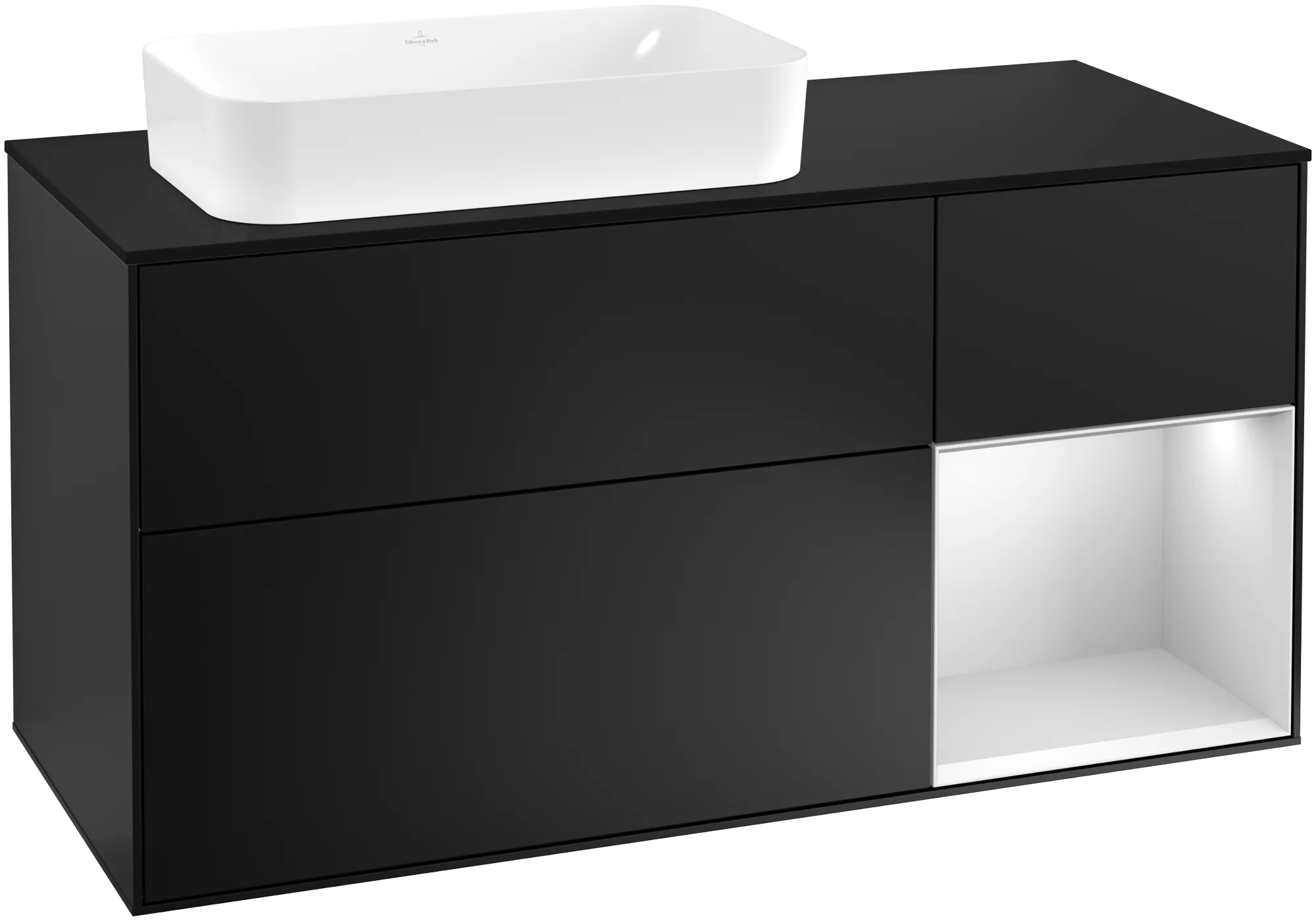 Bild von VILLEROY BOCH Finion Waschbeckenunterschrank, mit Beleuchtung, 3 Auszüge, 1200 x 603 x 501 mm, Black Matt Lacquer / White Matt Lacquer / Glass Black Matt #G282MTPD