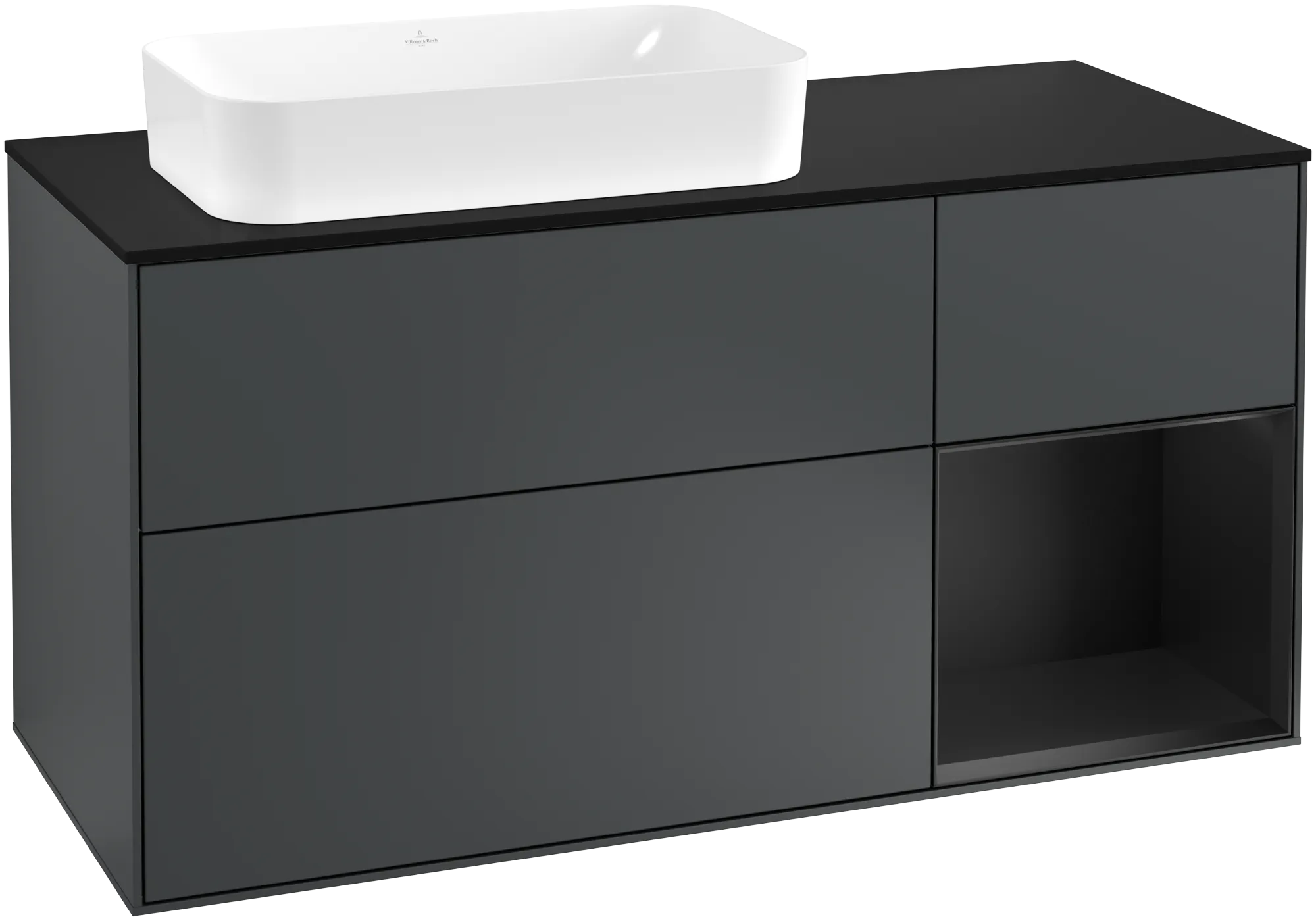 Bild von VILLEROY BOCH Finion Waschbeckenunterschrank, mit Beleuchtung, 3 Auszüge, 1200 x 603 x 501 mm, Midnight Blue Matt Lacquer / Black Matt Lacquer / Glass Black Matt #G282PDHG