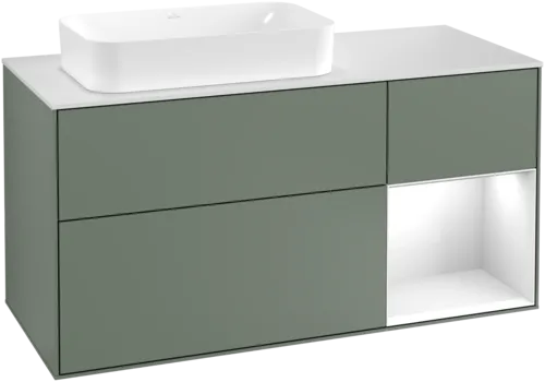 Bild von VILLEROY BOCH Finion Waschbeckenunterschrank, mit Beleuchtung, 3 Auszüge, 1200 x 603 x 501 mm, Olive Matt Lacquer / Glossy White Lacquer / Glass White Matt #G281GFGM