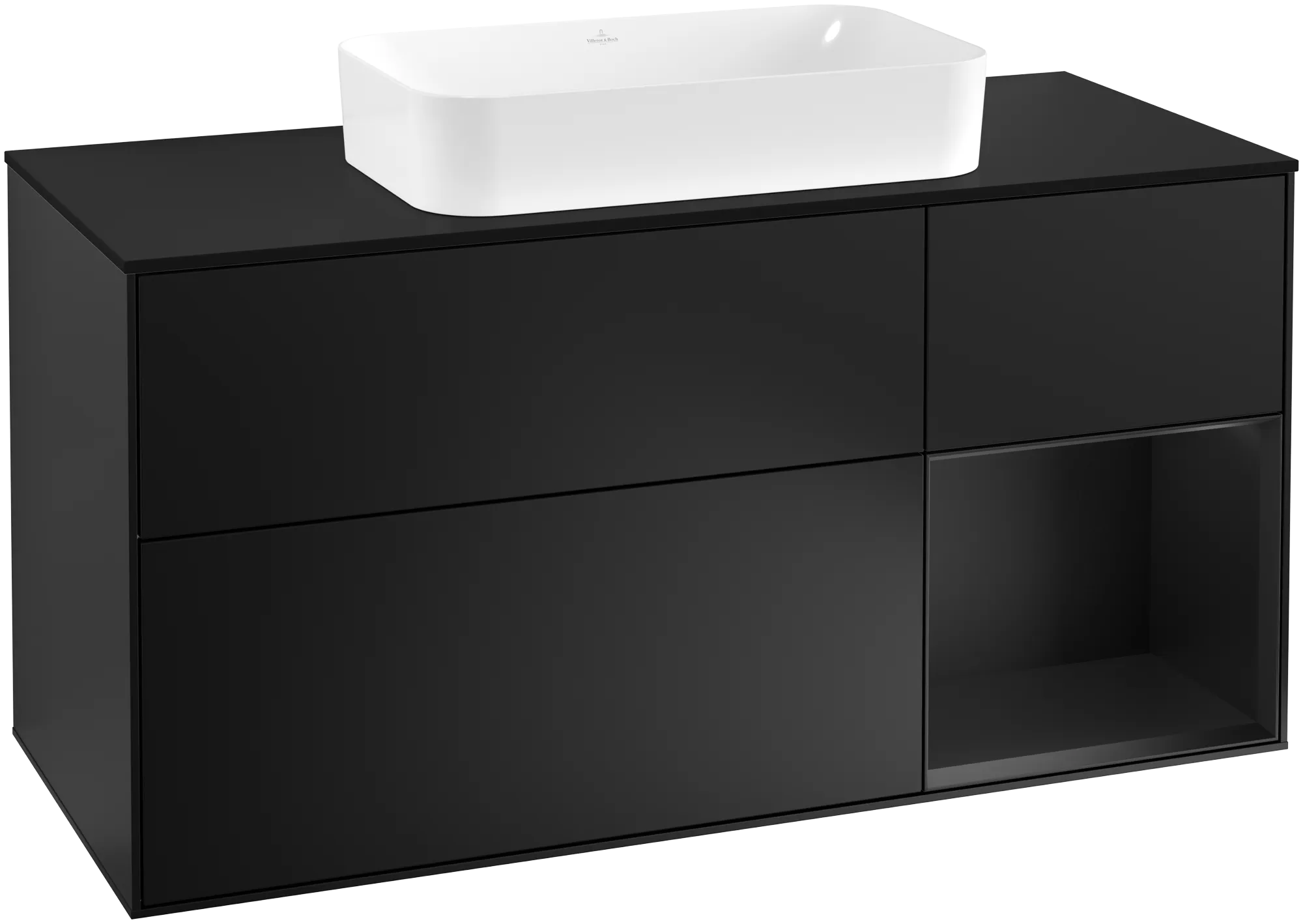 Bild von VILLEROY BOCH Finion Waschbeckenunterschrank, mit Beleuchtung, 3 Auszüge, 1200 x 603 x 501 mm, Black Matt Lacquer / Black Matt Lacquer / Glass Black Matt #G302PDPD