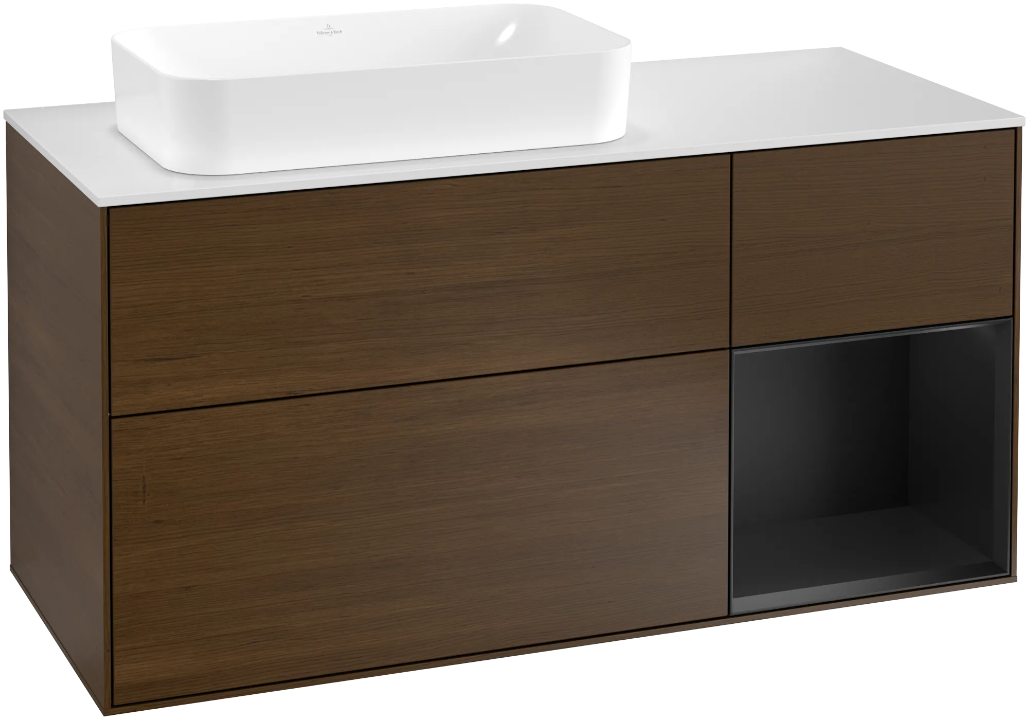 Bild von VILLEROY BOCH Finion Waschbeckenunterschrank, mit Beleuchtung, 3 Auszüge, 1200 x 603 x 501 mm, Walnut Veneer / Black Matt Lacquer / Glass White Matt #G281PDGN