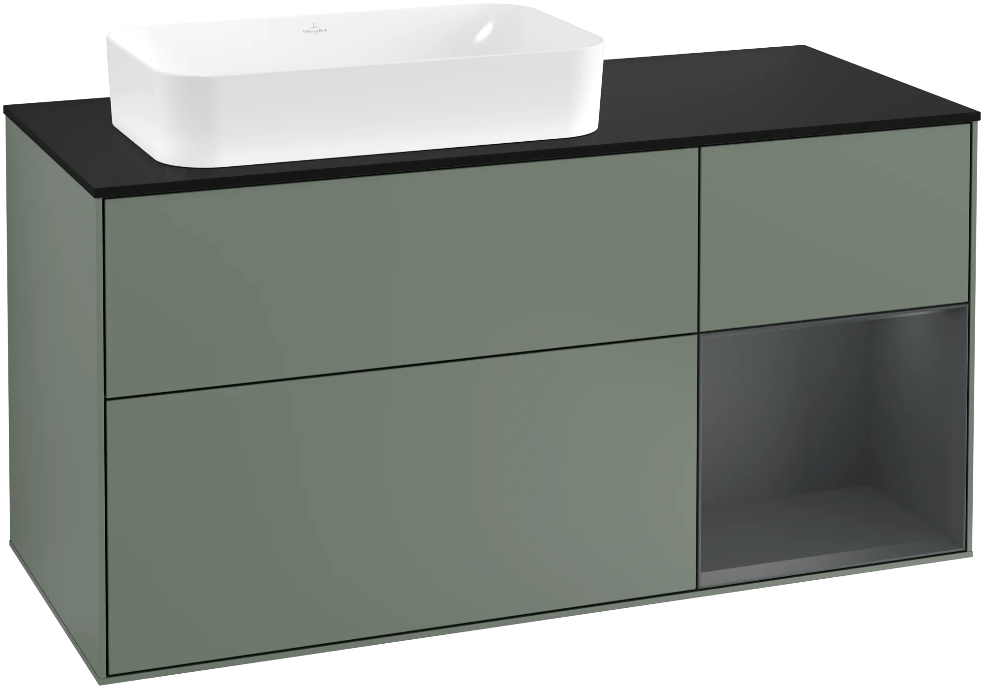 Bild von VILLEROY BOCH Finion Waschbeckenunterschrank, mit Beleuchtung, 3 Auszüge, 1200 x 603 x 501 mm, Olive Matt Lacquer / Midnight Blue Matt Lacquer / Glass Black Matt #G282HGGM