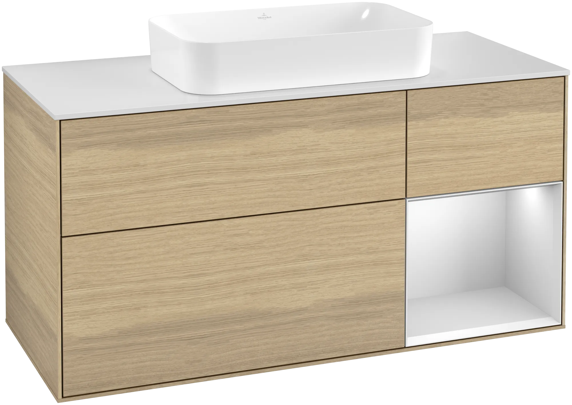 Bild von VILLEROY BOCH Finion Waschbeckenunterschrank, mit Beleuchtung, 3 Auszüge, 1200 x 603 x 501 mm, Oak Veneer / White Matt Lacquer / Glass White Matt #G301MTPC