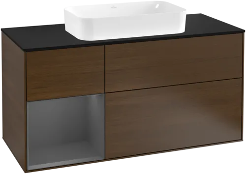 Bild von VILLEROY BOCH Finion Waschbeckenunterschrank, mit Beleuchtung, 3 Auszüge, 1200 x 603 x 501 mm, Walnut Veneer / Anthracite Matt Lacquer / Glass Black Matt #G292GKGN