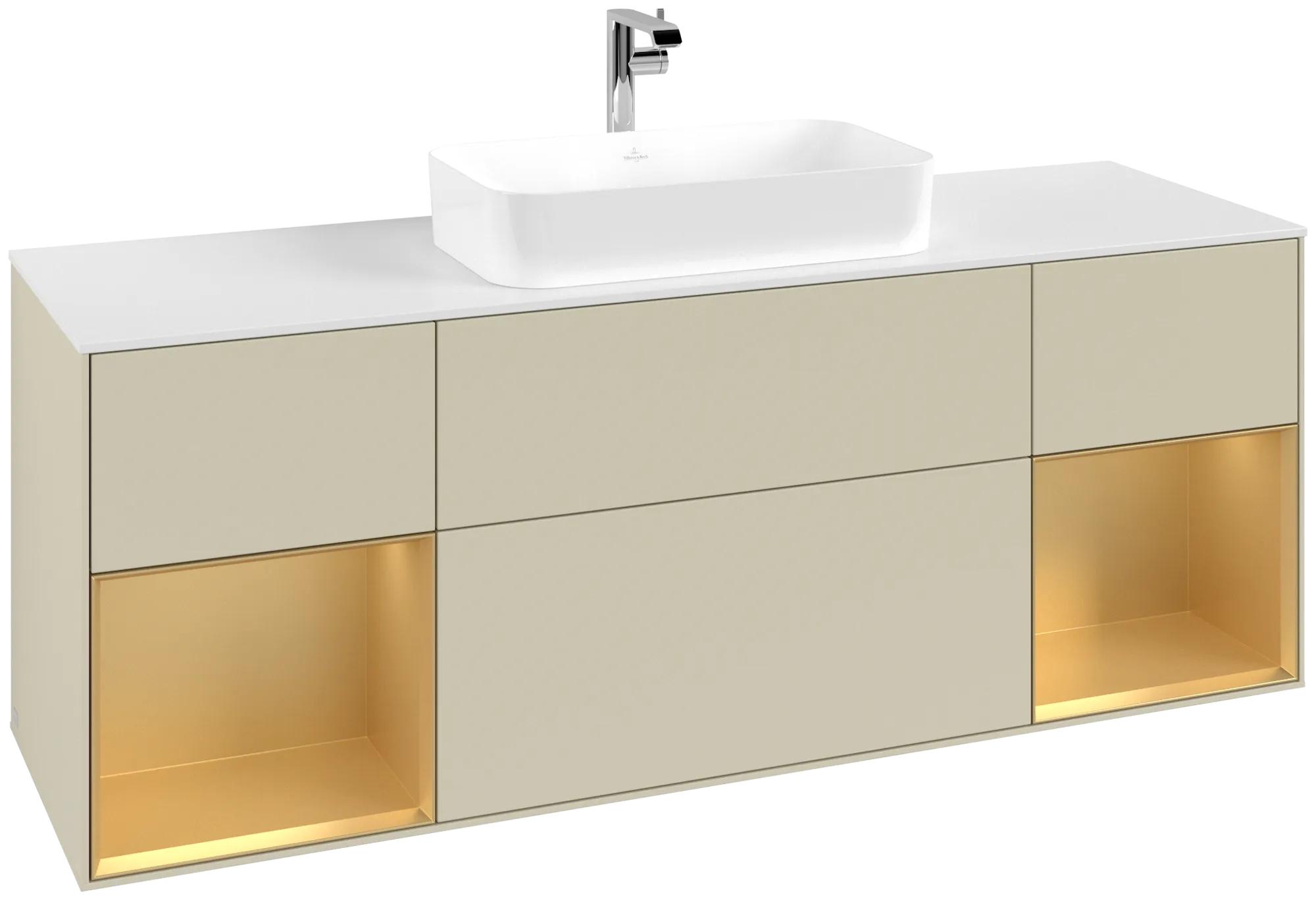 Bild von VILLEROY BOCH Finion Waschbeckenunterschrank, mit Beleuchtung, 4 Auszüge, 1600 x 603 x 501 mm, Silk Grey Matt Lacquer / Gold Matt Lacquer / Glass White Matt #G331HFHJ