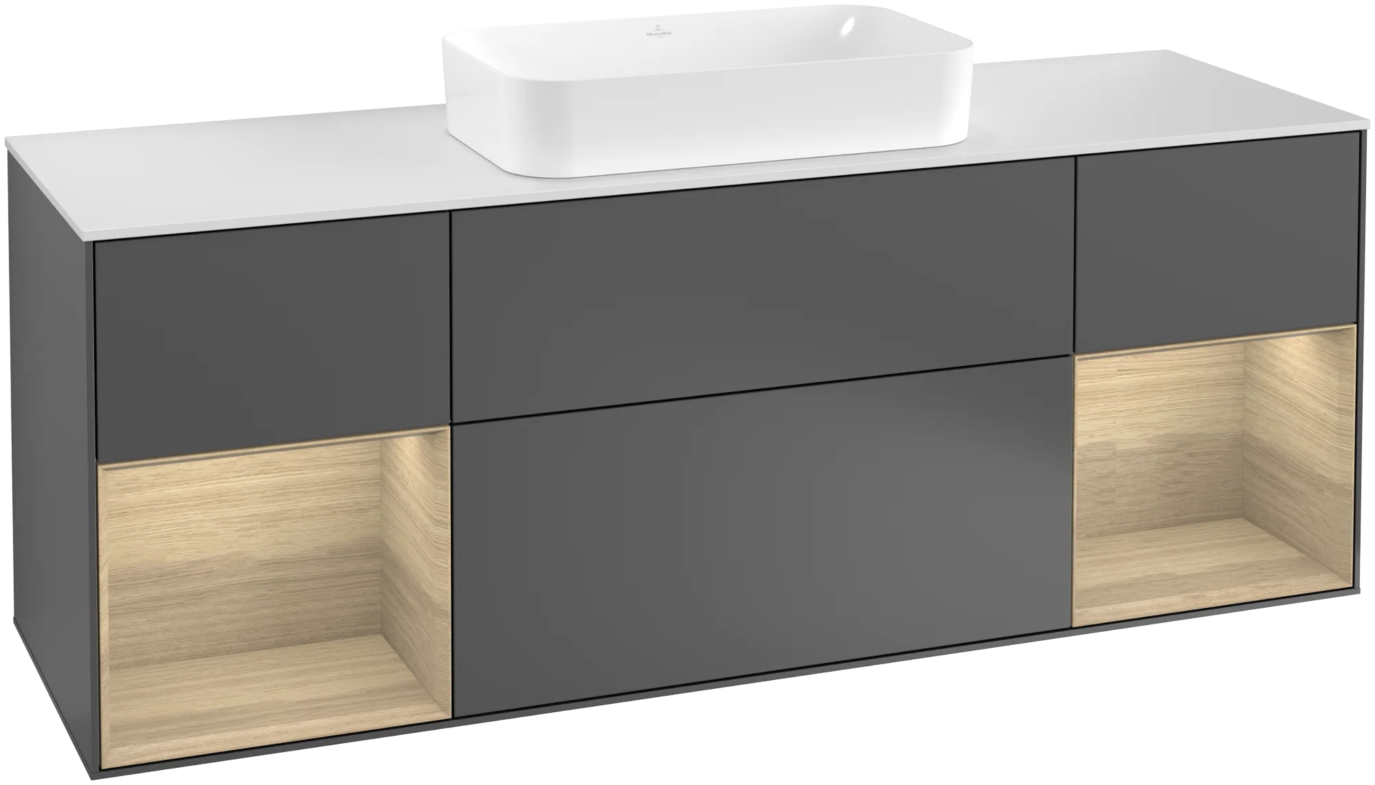 Bild von VILLEROY BOCH Finion Waschbeckenunterschrank, mit Beleuchtung, 4 Auszüge, 1600 x 603 x 501 mm, Anthracite Matt Lacquer / Oak Veneer / Glass White Matt #G331PCGK
