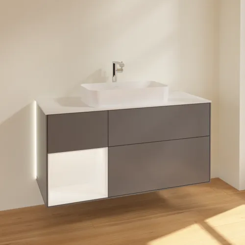 Picture of VILLEROY BOCH Finion Vanity unit, with lighting, 3 pull-out compartments, 1200 x 603 x 501 mm, Anthracite Matt Lacquer / White Matt Lacquer / Glass White Matt #G291MTGK