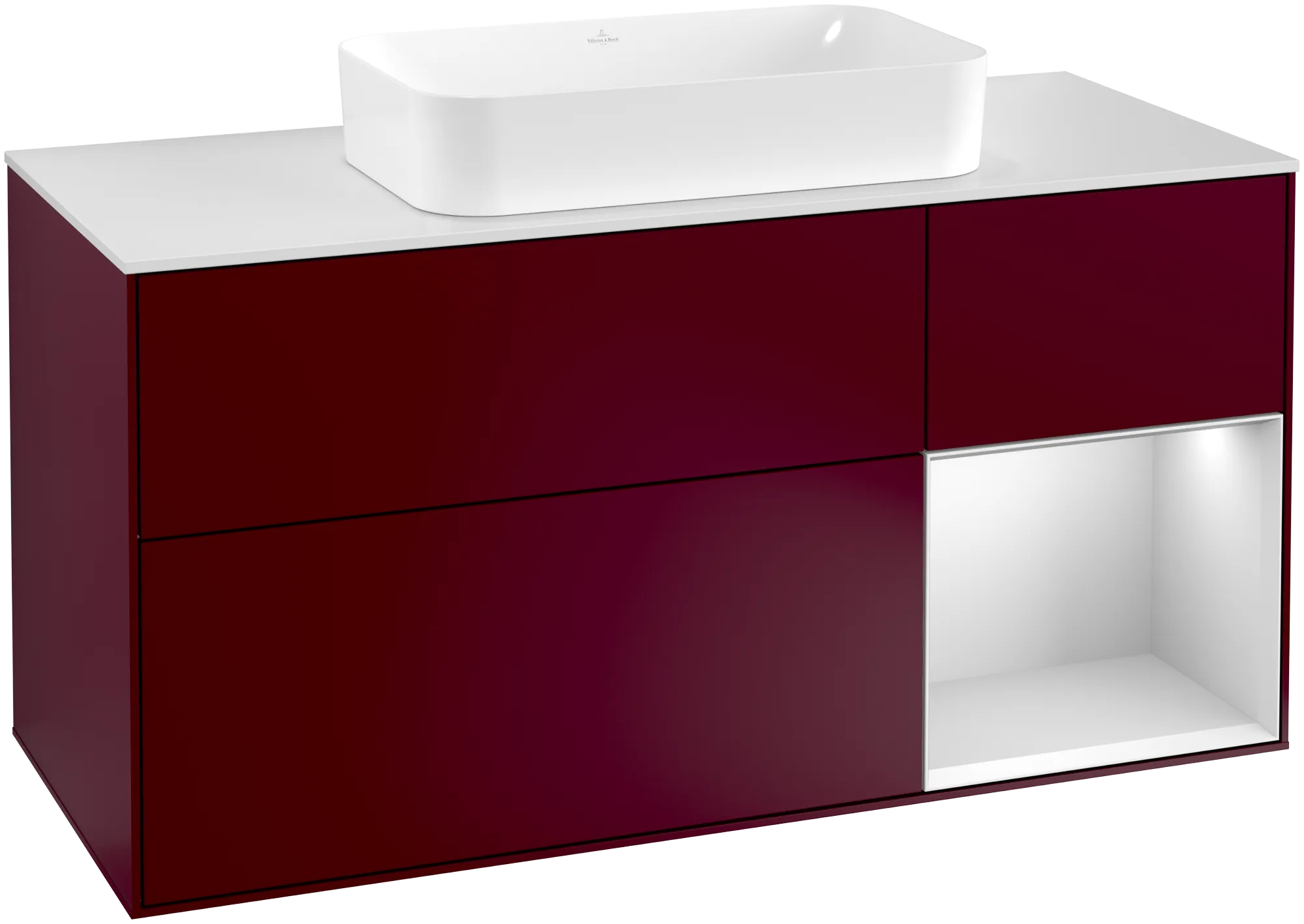 Bild von VILLEROY BOCH Finion Waschbeckenunterschrank, mit Beleuchtung, 3 Auszüge, 1200 x 603 x 501 mm, Peony Matt Lacquer / White Matt Lacquer / Glass White Matt #G301MTHB