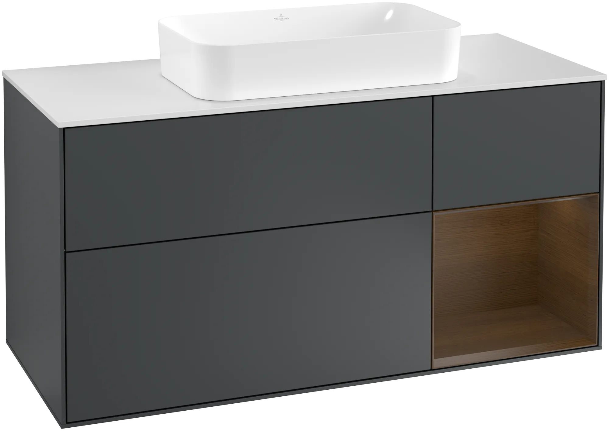 Bild von VILLEROY BOCH Finion Waschbeckenunterschrank, mit Beleuchtung, 3 Auszüge, 1200 x 603 x 501 mm, Midnight Blue Matt Lacquer / Walnut Veneer / Glass White Matt #G301GNHG
