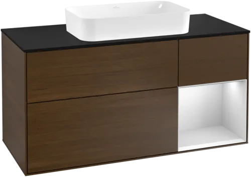 Bild von VILLEROY BOCH Finion Waschbeckenunterschrank, mit Beleuchtung, 3 Auszüge, 1200 x 603 x 501 mm, Walnut Veneer / White Matt Lacquer / Glass Black Matt #G302MTGN