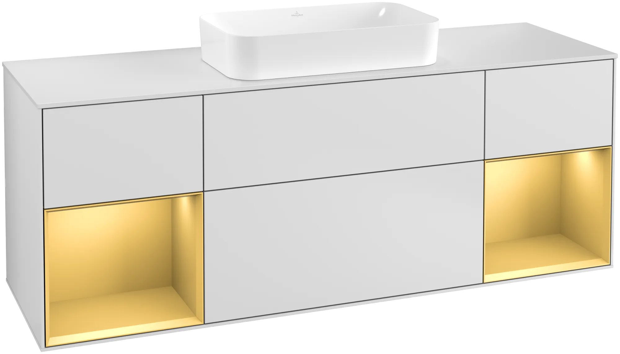 Bild von VILLEROY BOCH Finion Waschbeckenunterschrank, mit Beleuchtung, 4 Auszüge, 1600 x 603 x 501 mm, White Matt Lacquer / Gold Matt Lacquer / Glass White Matt #G331HFMT