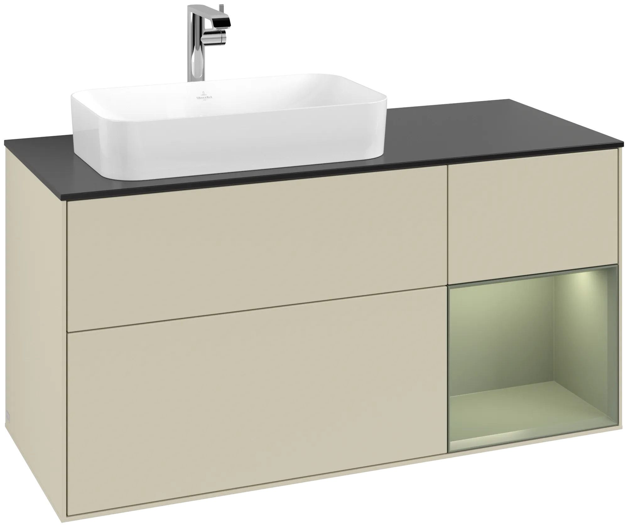 Bild von VILLEROY BOCH Finion Waschbeckenunterschrank, mit Beleuchtung, 3 Auszüge, 1200 x 603 x 501 mm, Silk Grey Matt Lacquer / Olive Matt Lacquer / Glass Black Matt #G282GMHJ