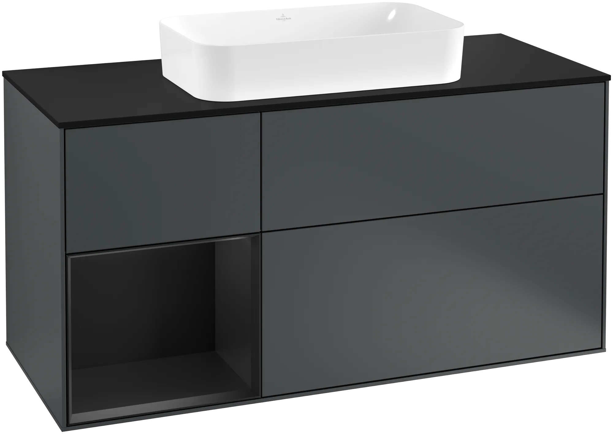 Bild von VILLEROY BOCH Finion Waschbeckenunterschrank, mit Beleuchtung, 3 Auszüge, 1200 x 603 x 501 mm, Midnight Blue Matt Lacquer / Black Matt Lacquer / Glass Black Matt #G292PDHG