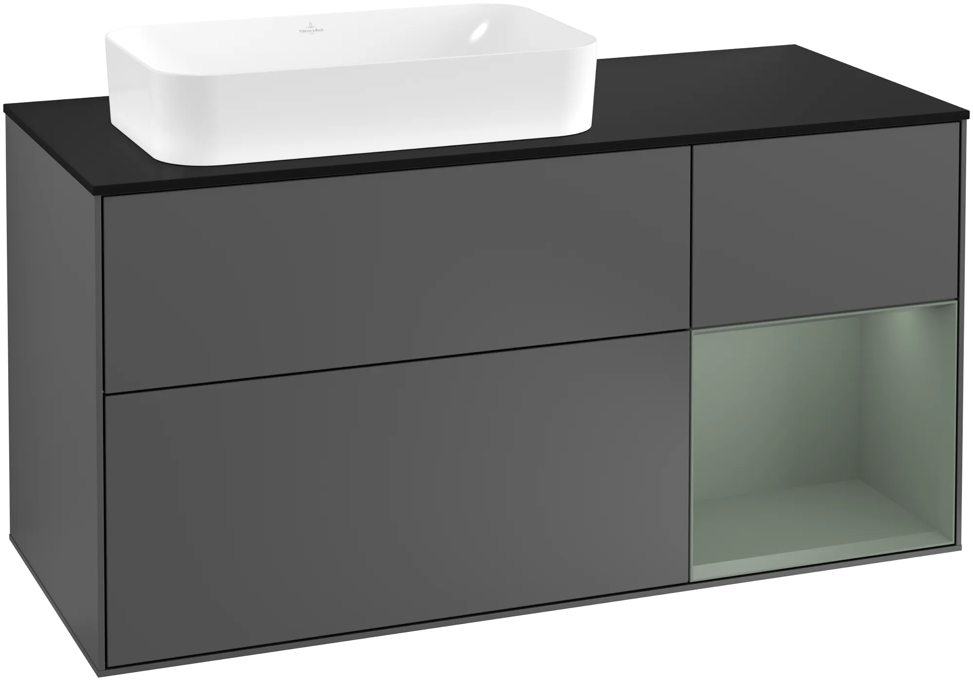 Bild von VILLEROY BOCH Finion Waschbeckenunterschrank, mit Beleuchtung, 3 Auszüge, 1200 x 603 x 501 mm, Anthracite Matt Lacquer / Olive Matt Lacquer / Glass Black Matt #G282GMGK