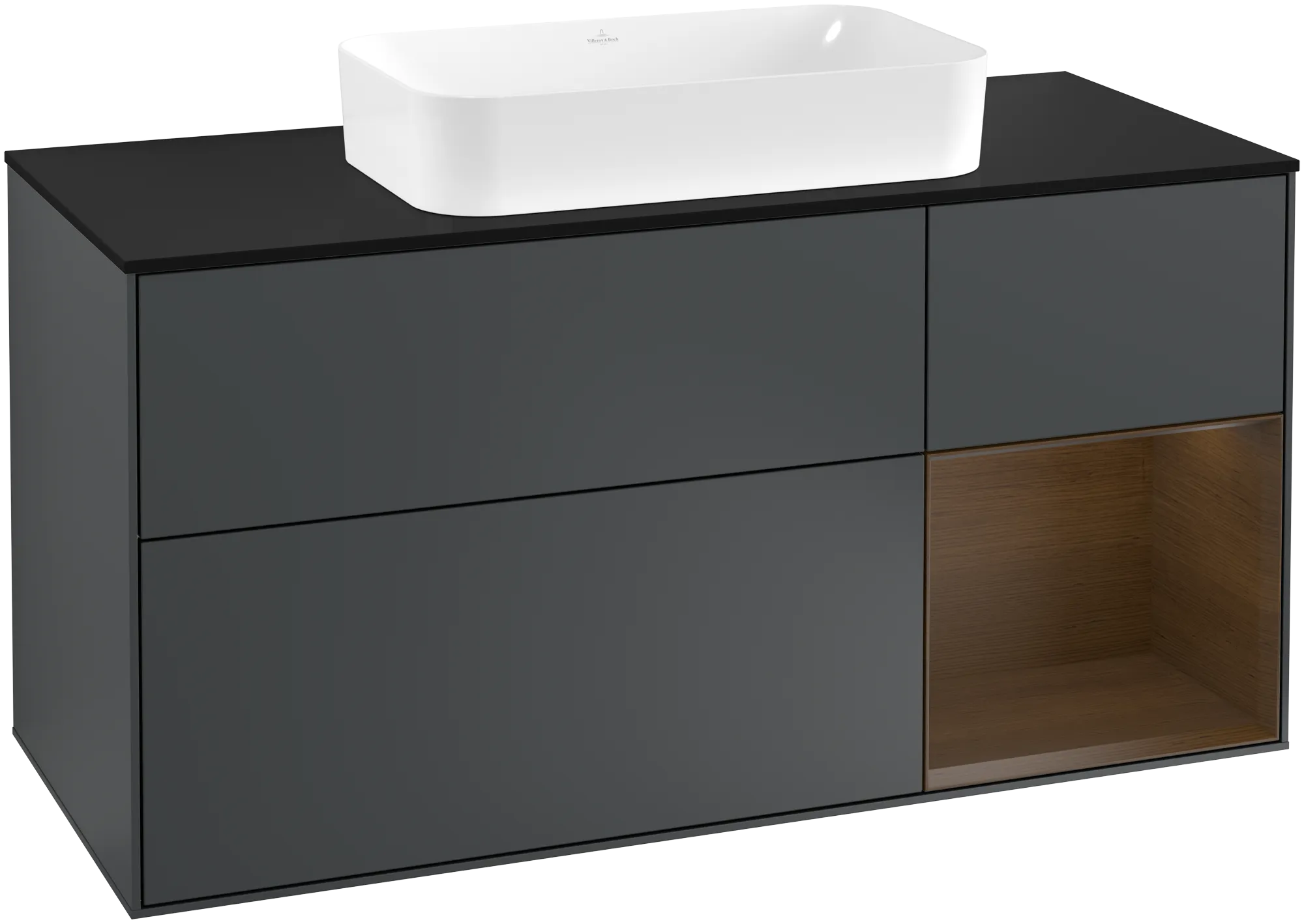 Bild von VILLEROY BOCH Finion Waschbeckenunterschrank, mit Beleuchtung, 3 Auszüge, 1200 x 603 x 501 mm, Midnight Blue Matt Lacquer / Walnut Veneer / Glass Black Matt #G302GNHG