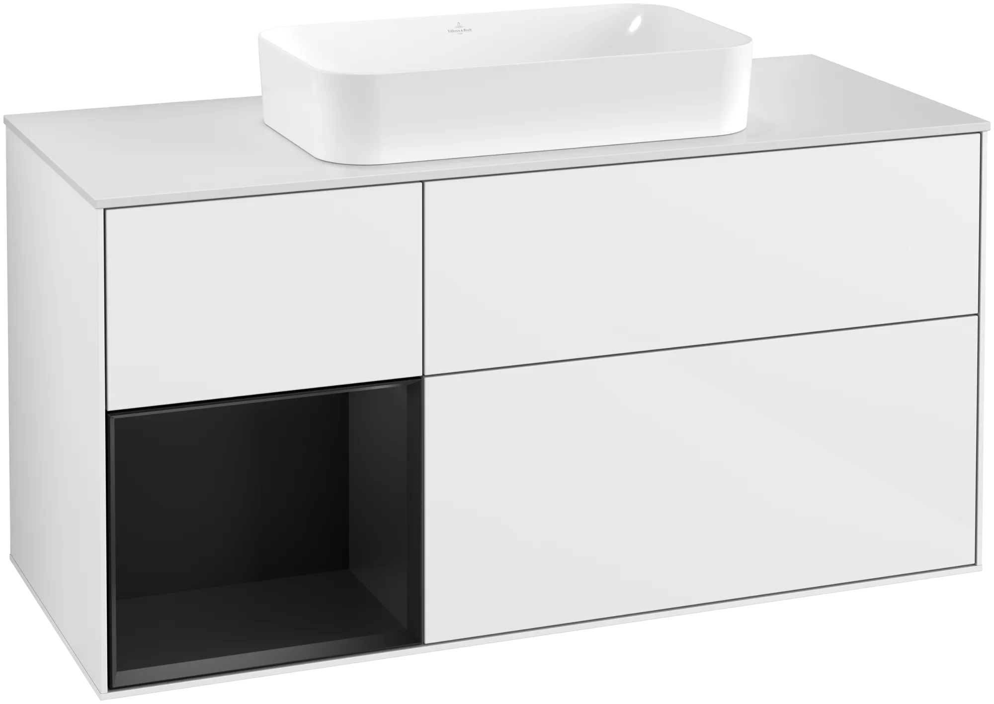 Obrázek VILLEROY BOCH Finion Vanity unit, with lighting, 3 pull-out compartments, 1200 x 603 x 501 mm, Glossy White Lacquer / Black Matt Lacquer / Glass White Matt #G291PDGF