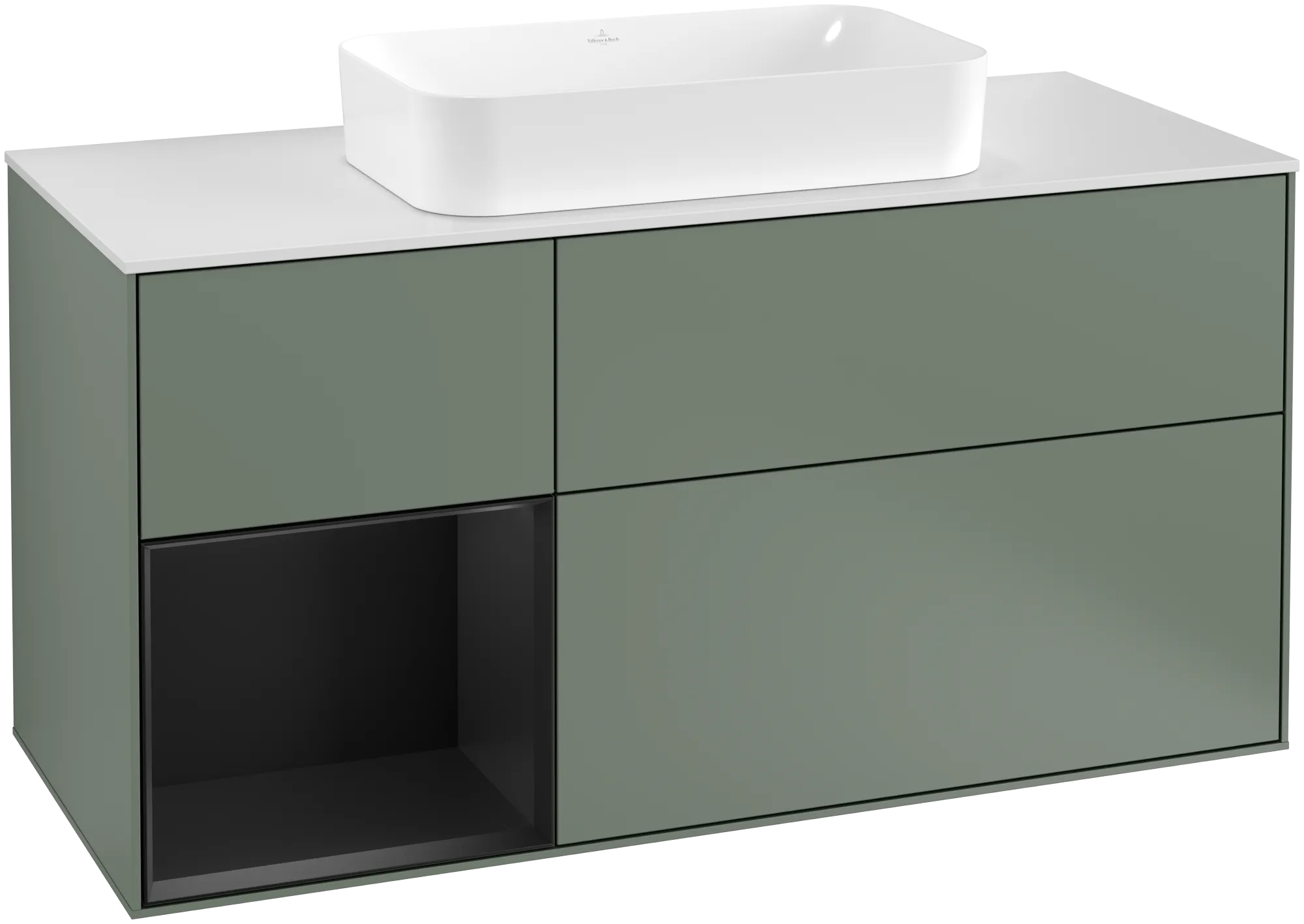 Bild von VILLEROY BOCH Finion Waschbeckenunterschrank, mit Beleuchtung, 3 Auszüge, 1200 x 603 x 501 mm, Olive Matt Lacquer / Black Matt Lacquer / Glass White Matt #G291PDGM