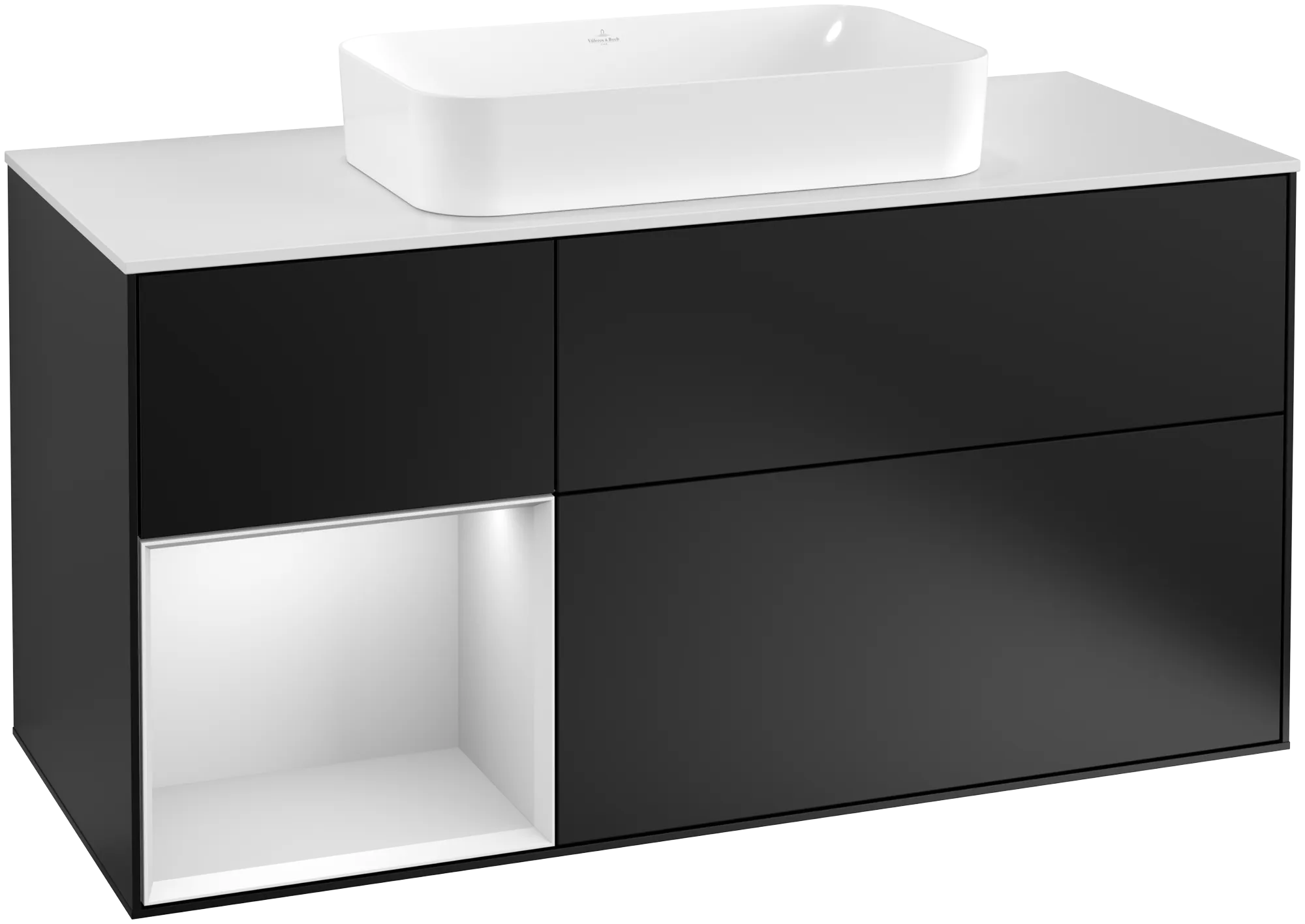 Bild von VILLEROY BOCH Finion Waschbeckenunterschrank, mit Beleuchtung, 3 Auszüge, 1200 x 603 x 501 mm, Black Matt Lacquer / White Matt Lacquer / Glass White Matt #G291MTPD