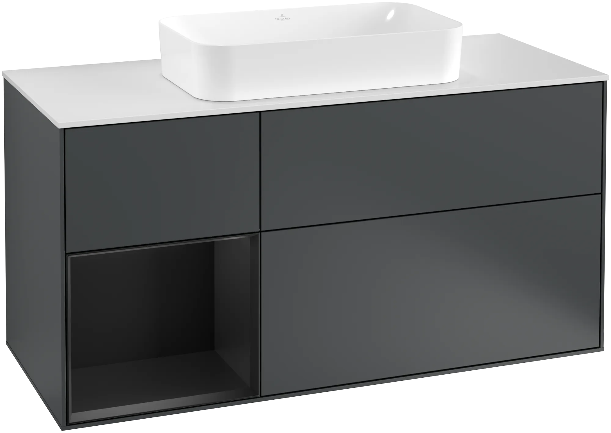 Bild von VILLEROY BOCH Finion Waschbeckenunterschrank, mit Beleuchtung, 3 Auszüge, 1200 x 603 x 501 mm, Midnight Blue Matt Lacquer / Black Matt Lacquer / Glass White Matt #G291PDHG