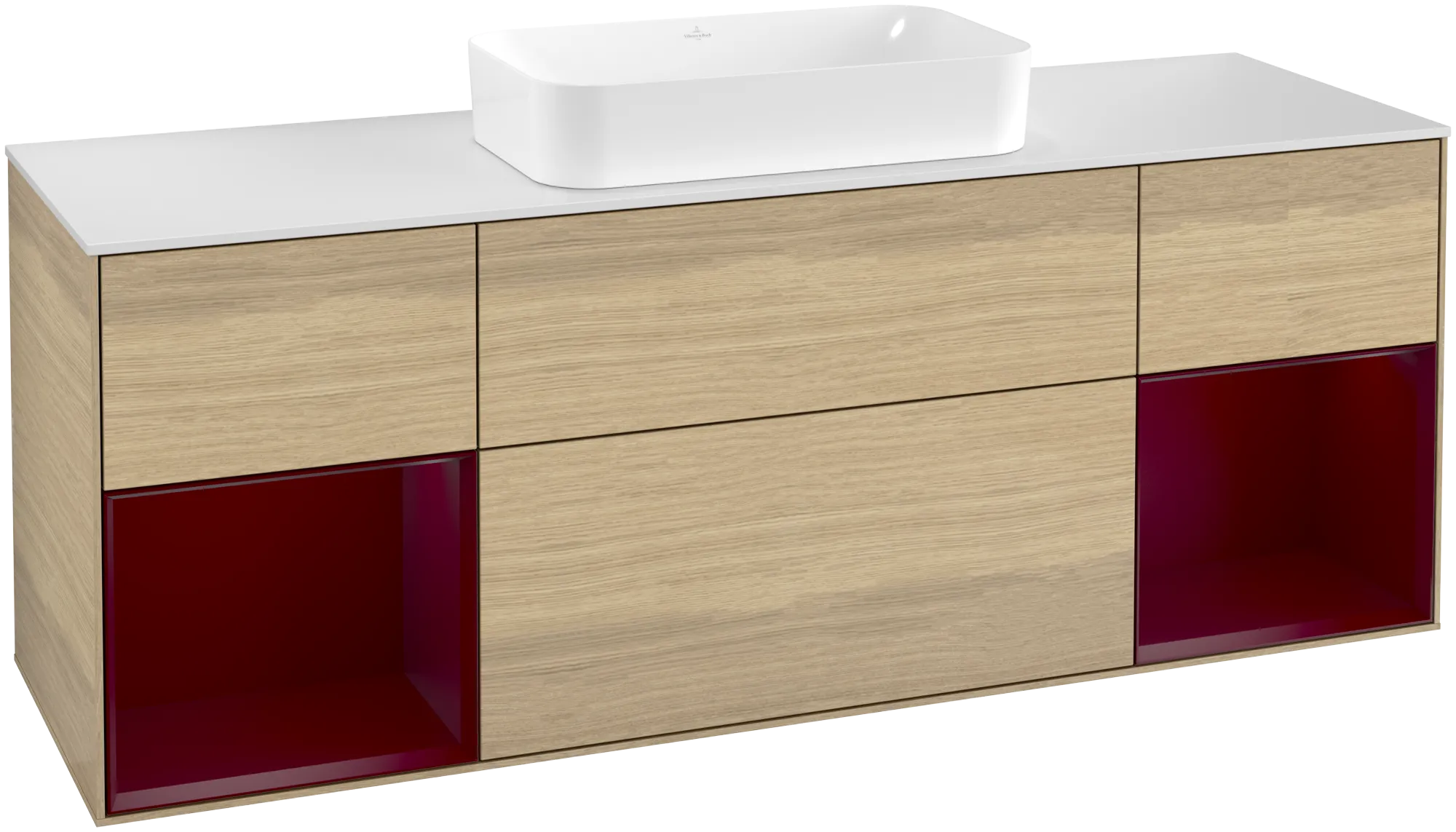 Bild von VILLEROY BOCH Finion Waschbeckenunterschrank, mit Beleuchtung, 4 Auszüge, 1600 x 603 x 501 mm, Oak Veneer / Peony Matt Lacquer / Glass White Matt #G331HBPC