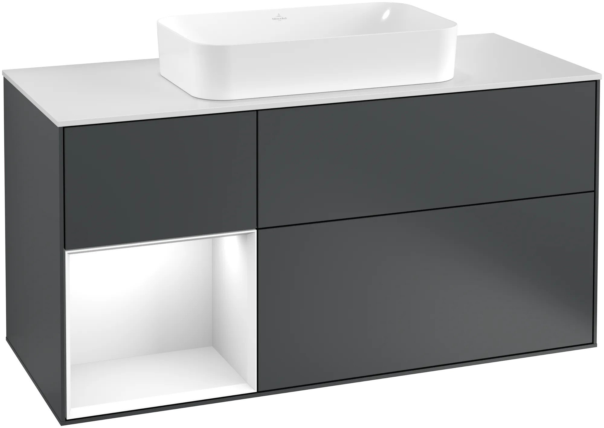 Bild von VILLEROY BOCH Finion Waschbeckenunterschrank, mit Beleuchtung, 3 Auszüge, 1200 x 603 x 501 mm, Midnight Blue Matt Lacquer / Glossy White Lacquer / Glass White Matt #G291GFHG
