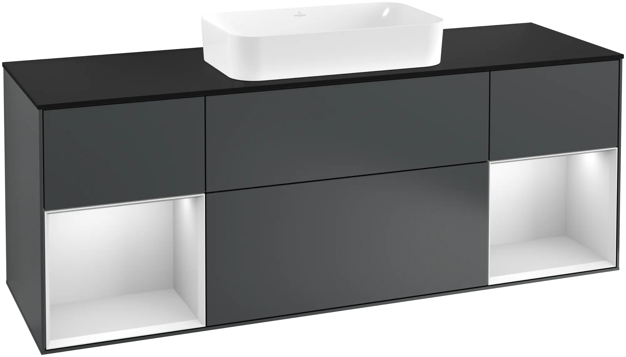Bild von VILLEROY BOCH Finion Waschbeckenunterschrank, mit Beleuchtung, 4 Auszüge, 1600 x 603 x 501 mm, Midnight Blue Matt Lacquer / White Matt Lacquer / Glass Black Matt #G332MTHG