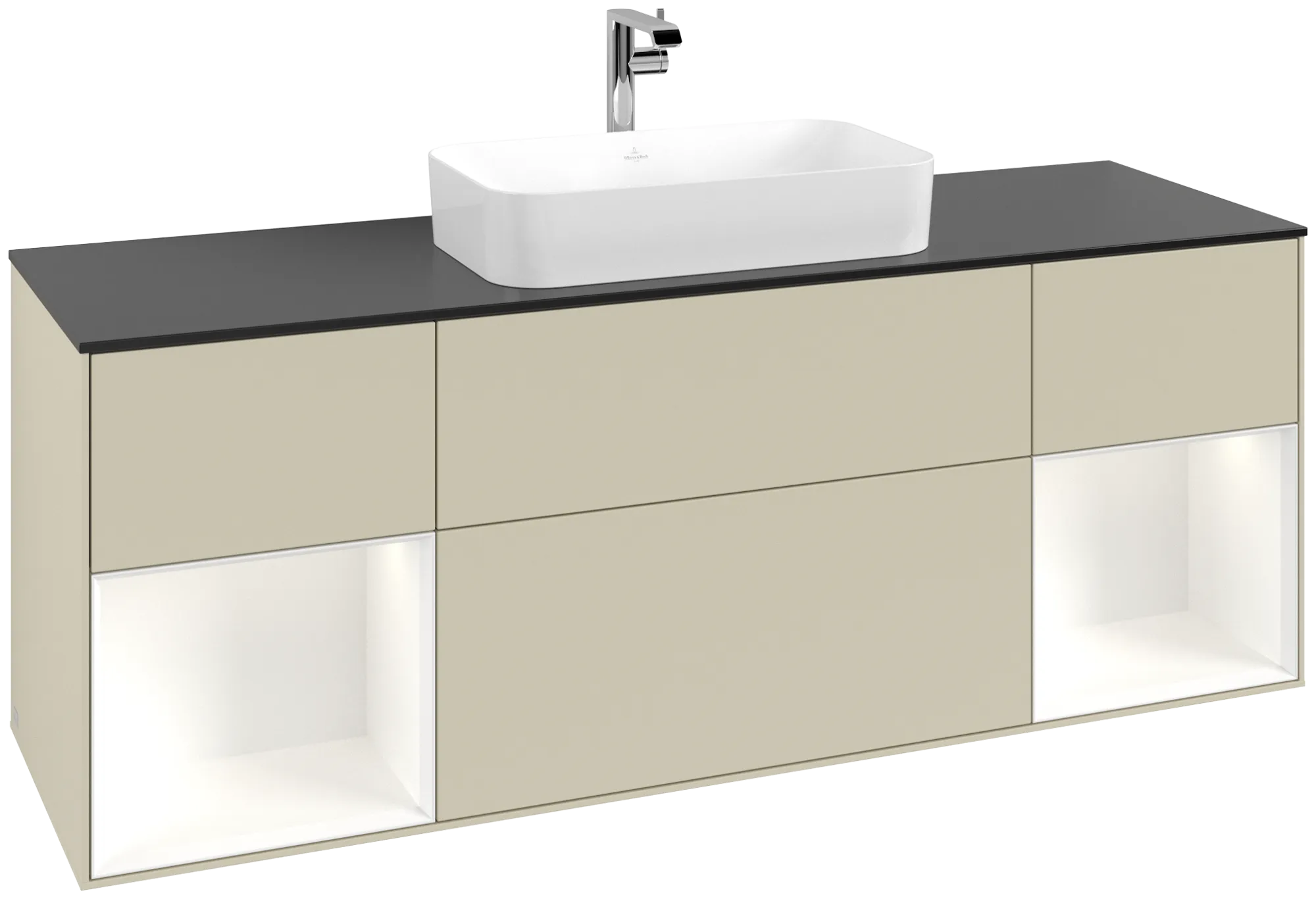 Bild von VILLEROY BOCH Finion Waschbeckenunterschrank, mit Beleuchtung, 4 Auszüge, 1600 x 603 x 501 mm, Silk Grey Matt Lacquer / White Matt Lacquer / Glass Black Matt #G332MTHJ