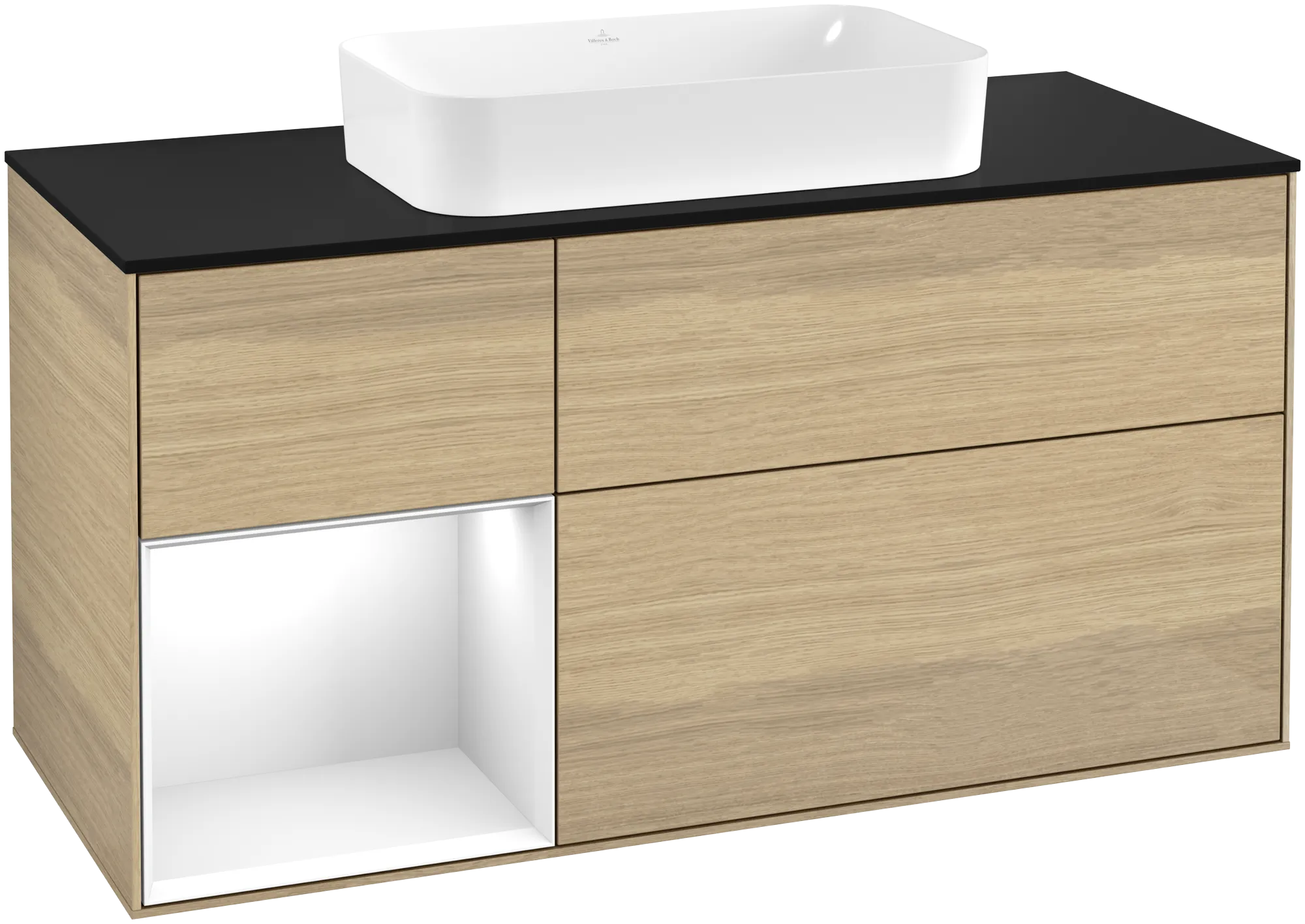Obrázek VILLEROY BOCH Finion Vanity unit, with lighting, 3 pull-out compartments, 1200 x 603 x 501 mm, Oak Veneer / Glossy White Lacquer / Glass Black Matt #G292GFPC