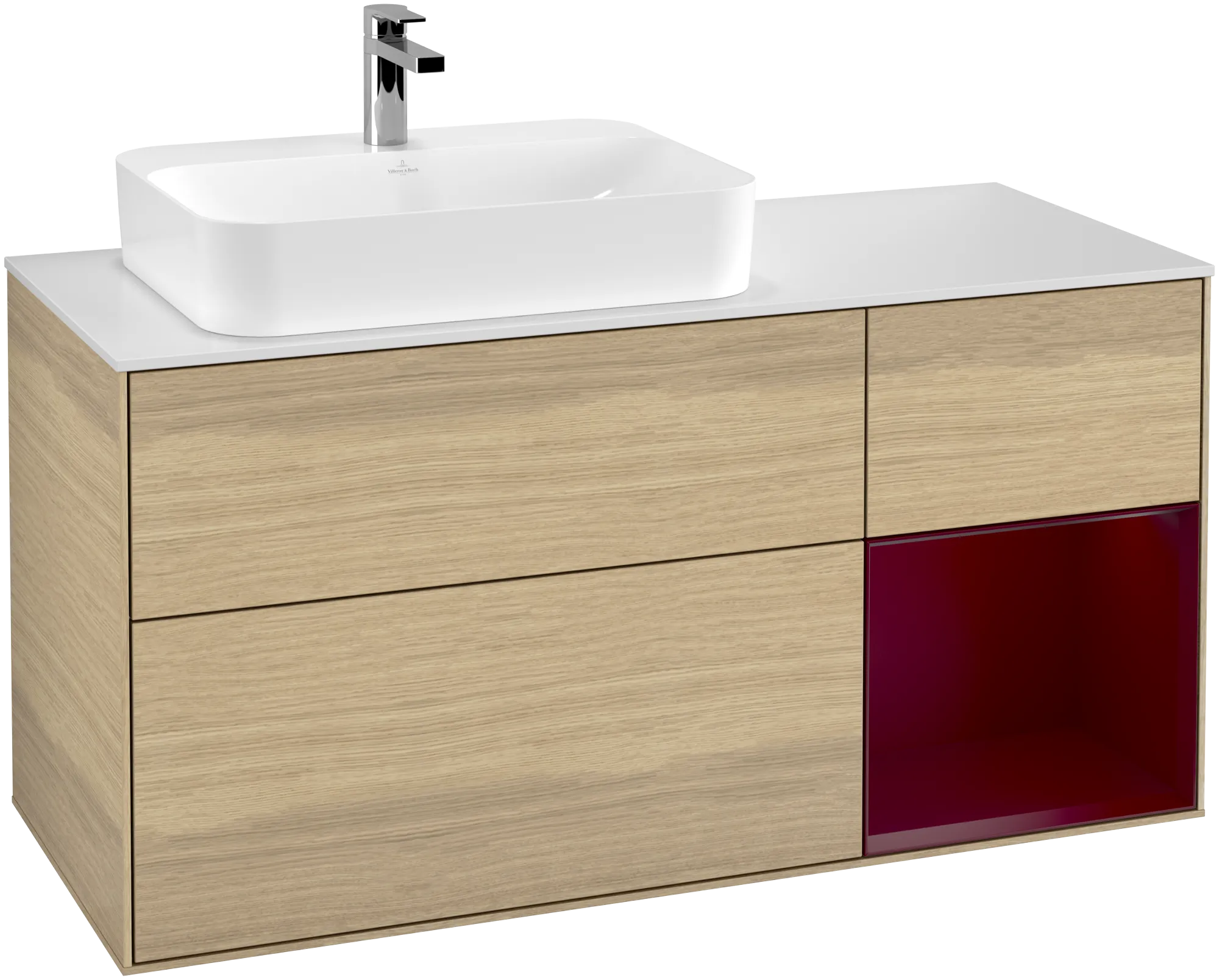 Obrázek VILLEROY BOCH Finion Vanity unit, with lighting, 3 pull-out compartments, 1200 x 603 x 501 mm, Oak Veneer / Peony Matt Lacquer / Glass White Matt #G401HBPC