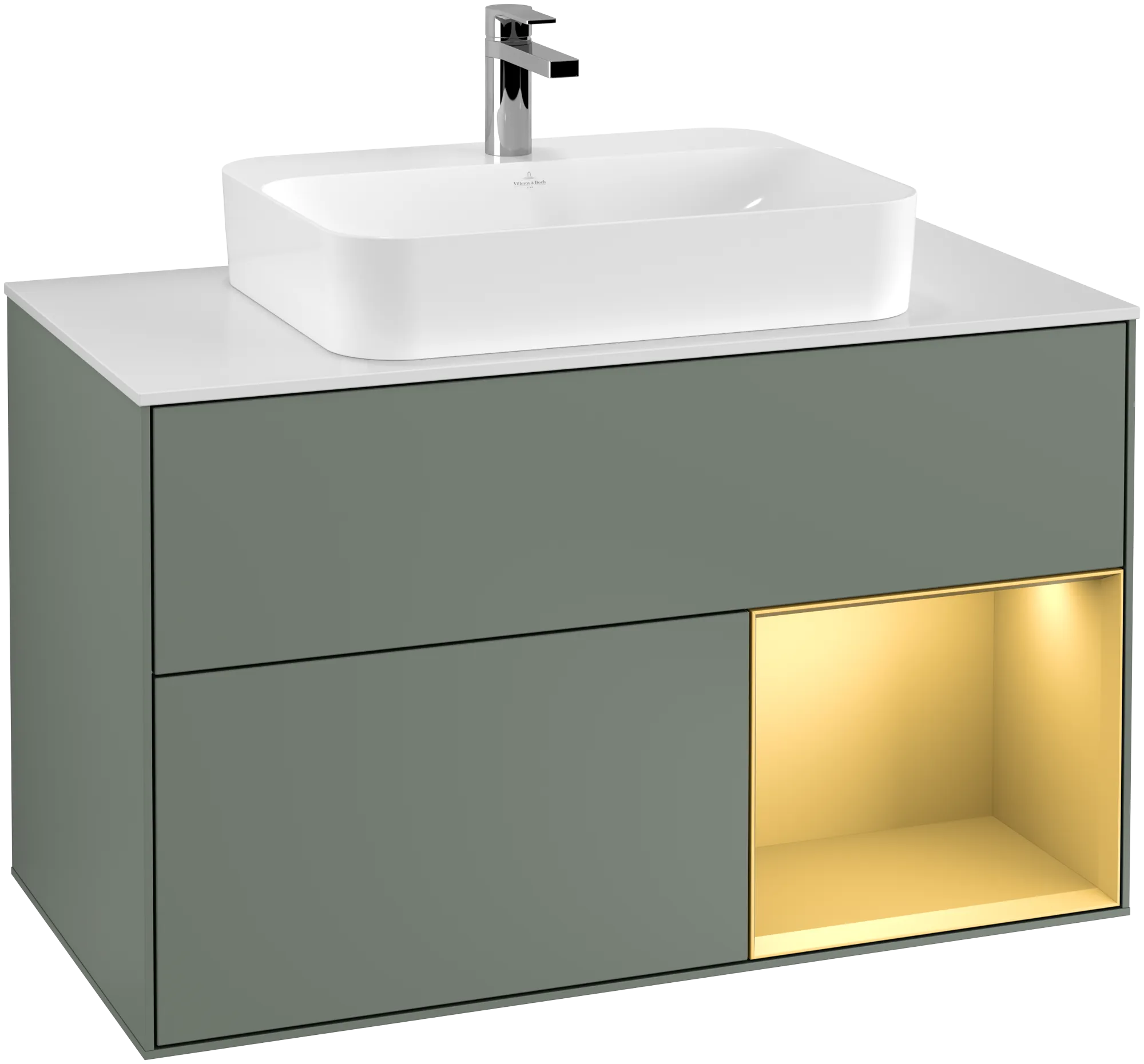 Bild von VILLEROY BOCH Finion Waschbeckenunterschrank, mit Beleuchtung, 2 Auszüge, 1000 x 603 x 501 mm, Olive Matt Lacquer / Gold Matt Lacquer / Glass White Matt #G371HFGM