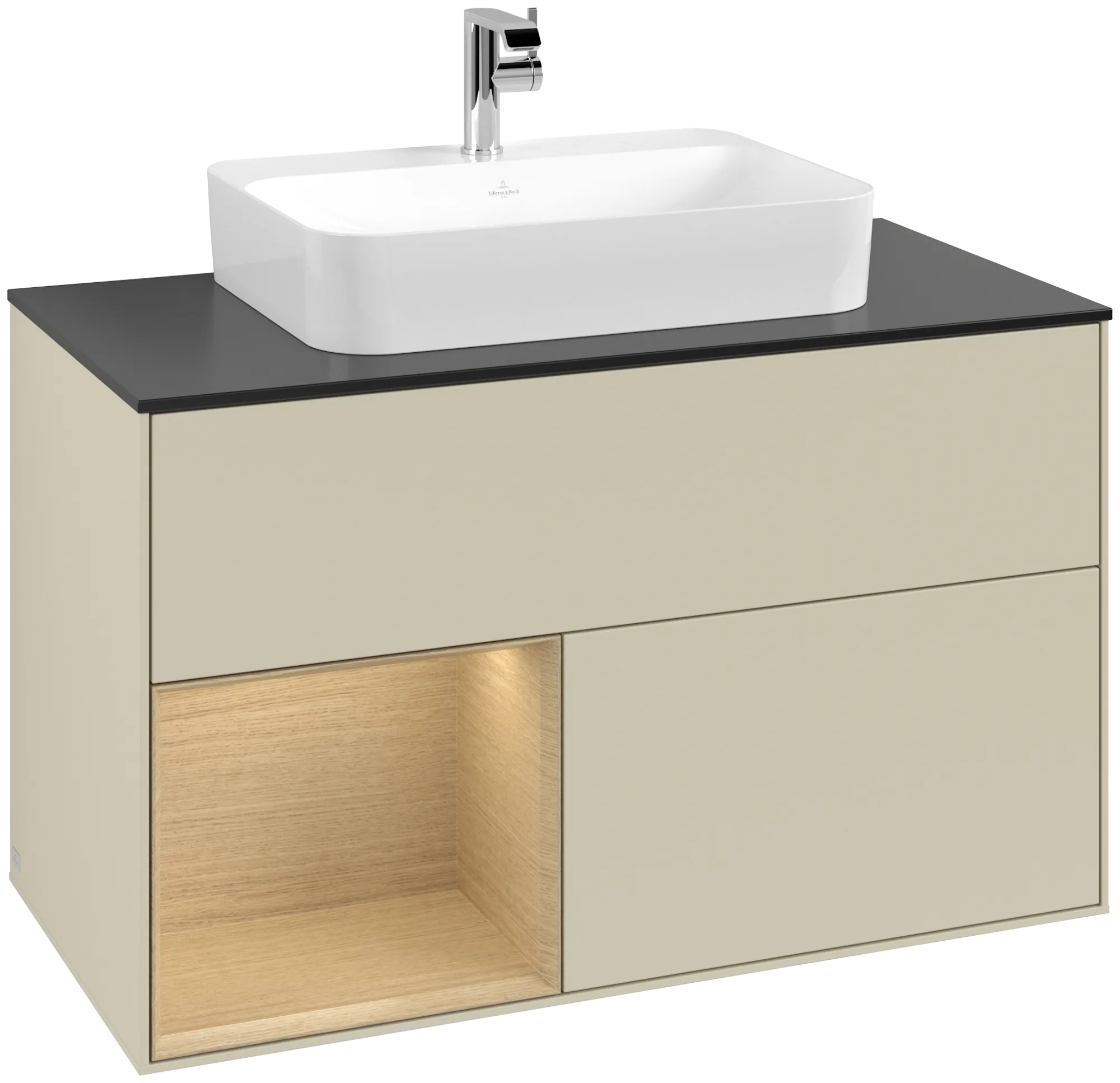 Obrázek VILLEROY BOCH Finion Vanity unit, with lighting, 2 pull-out compartments, 1000 x 603 x 501 mm, Silk Grey Matt Lacquer / Oak Veneer / Glass Black Matt #G362PCHJ