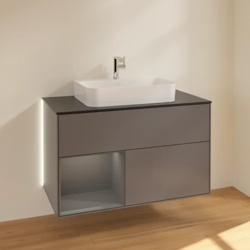 Bild von VILLEROY BOCH Finion Waschbeckenunterschrank, mit Beleuchtung, 2 Auszüge, 1000 x 603 x 501 mm, Anthracite Matt Lacquer / Anthracite Matt Lacquer / Glass Black Matt #G362GKGK