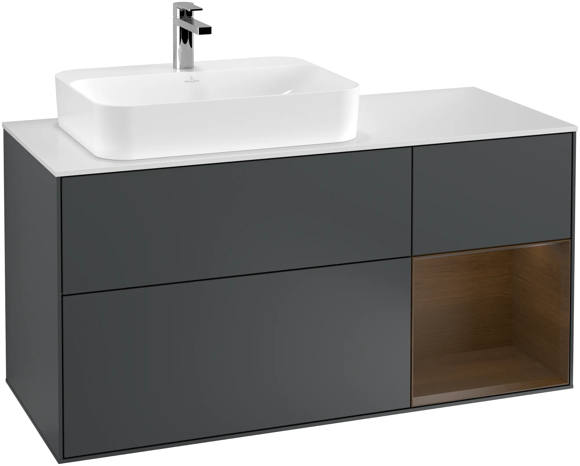 Bild von VILLEROY BOCH Finion Waschbeckenunterschrank, mit Beleuchtung, 3 Auszüge, 1200 x 603 x 501 mm, Midnight Blue Matt Lacquer / Walnut Veneer / Glass White Matt #G401GNHG