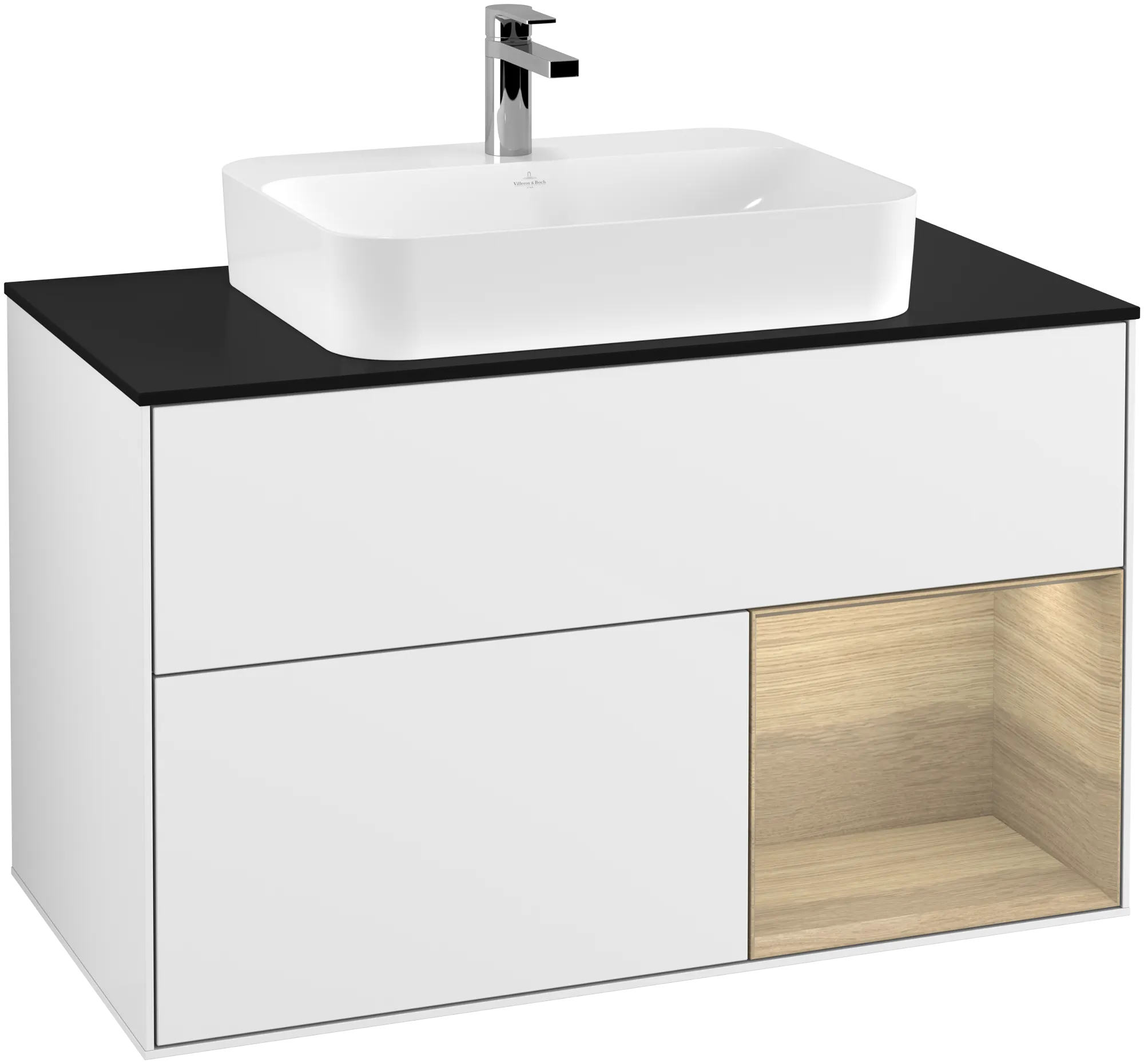 Bild von VILLEROY BOCH Finion Waschbeckenunterschrank, mit Beleuchtung, 2 Auszüge, 1000 x 603 x 501 mm, Glossy White Lacquer / Oak Veneer / Glass Black Matt #G372PCGF