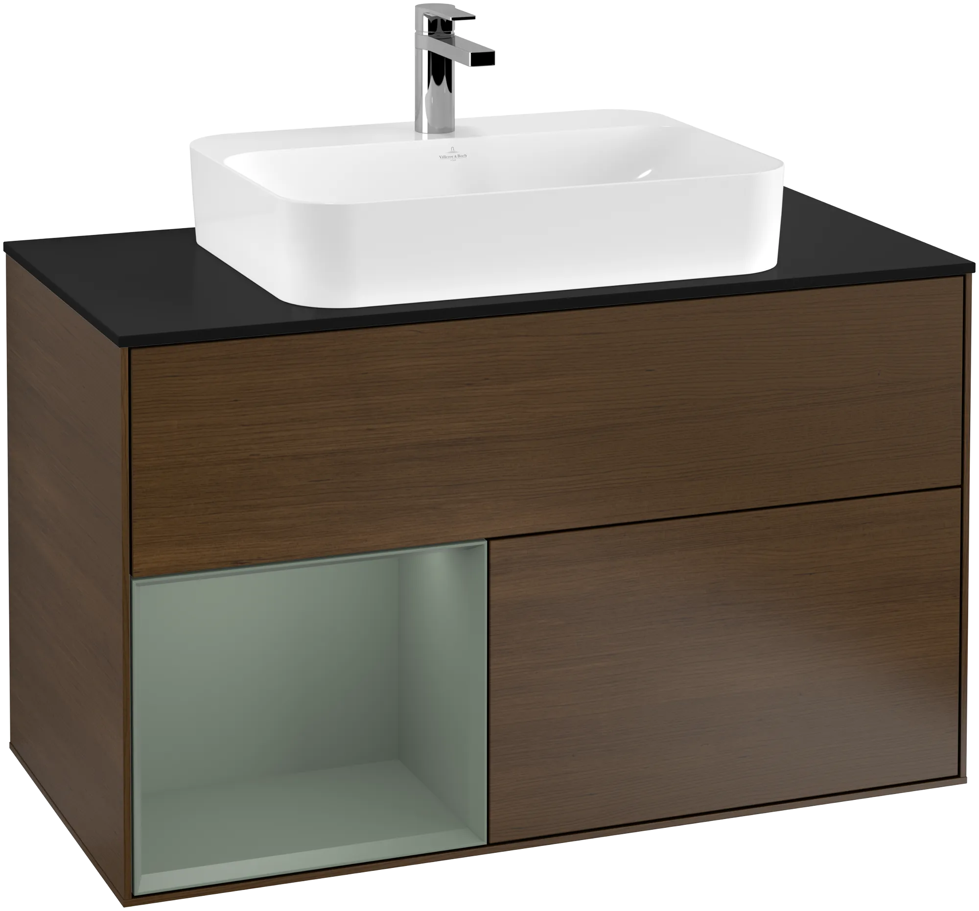 Bild von VILLEROY BOCH Finion Waschbeckenunterschrank, mit Beleuchtung, 2 Auszüge, 1000 x 603 x 501 mm, Walnut Veneer / Olive Matt Lacquer / Glass Black Matt #G362GMGN