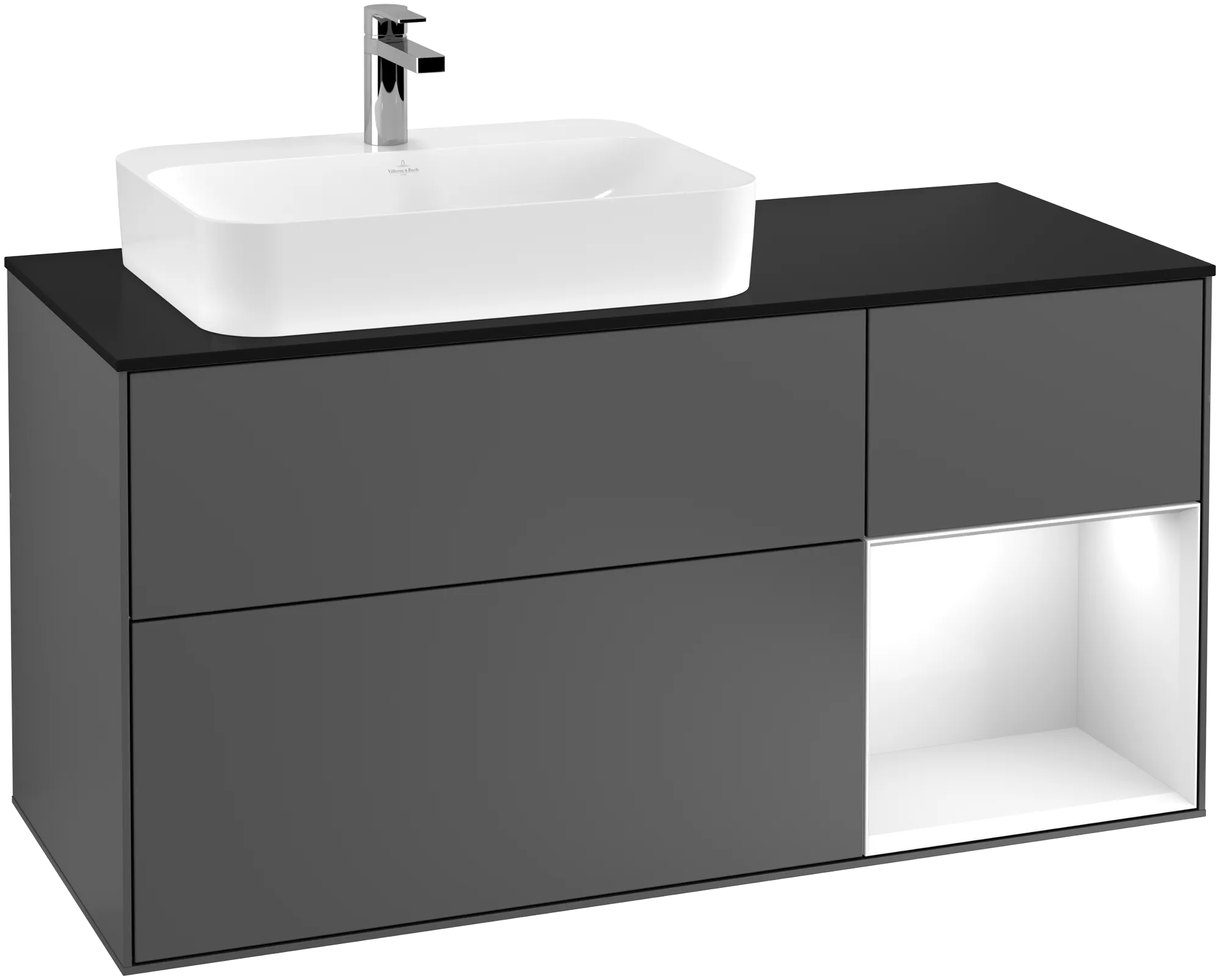 Bild von VILLEROY BOCH Finion Waschbeckenunterschrank, mit Beleuchtung, 3 Auszüge, 1200 x 603 x 501 mm, Anthracite Matt Lacquer / Glossy White Lacquer / Glass Black Matt #G402GFGK