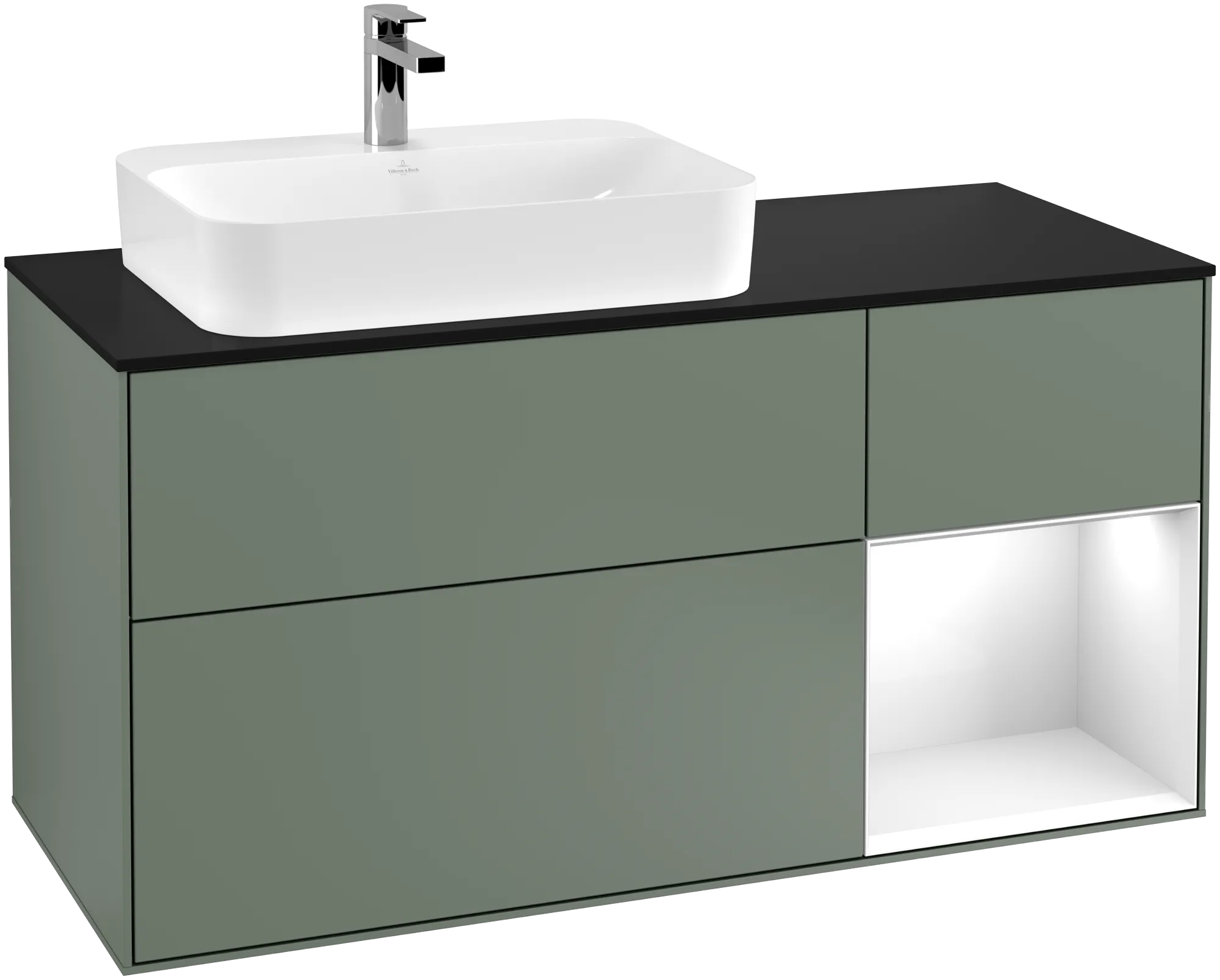 Bild von VILLEROY BOCH Finion Waschbeckenunterschrank, mit Beleuchtung, 3 Auszüge, 1200 x 603 x 501 mm, Olive Matt Lacquer / Glossy White Lacquer / Glass Black Matt #G402GFGM